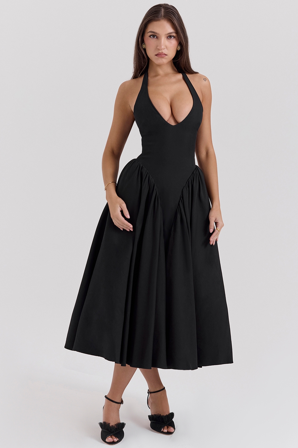 Marilyn-Black Twill Halter Midi Dress