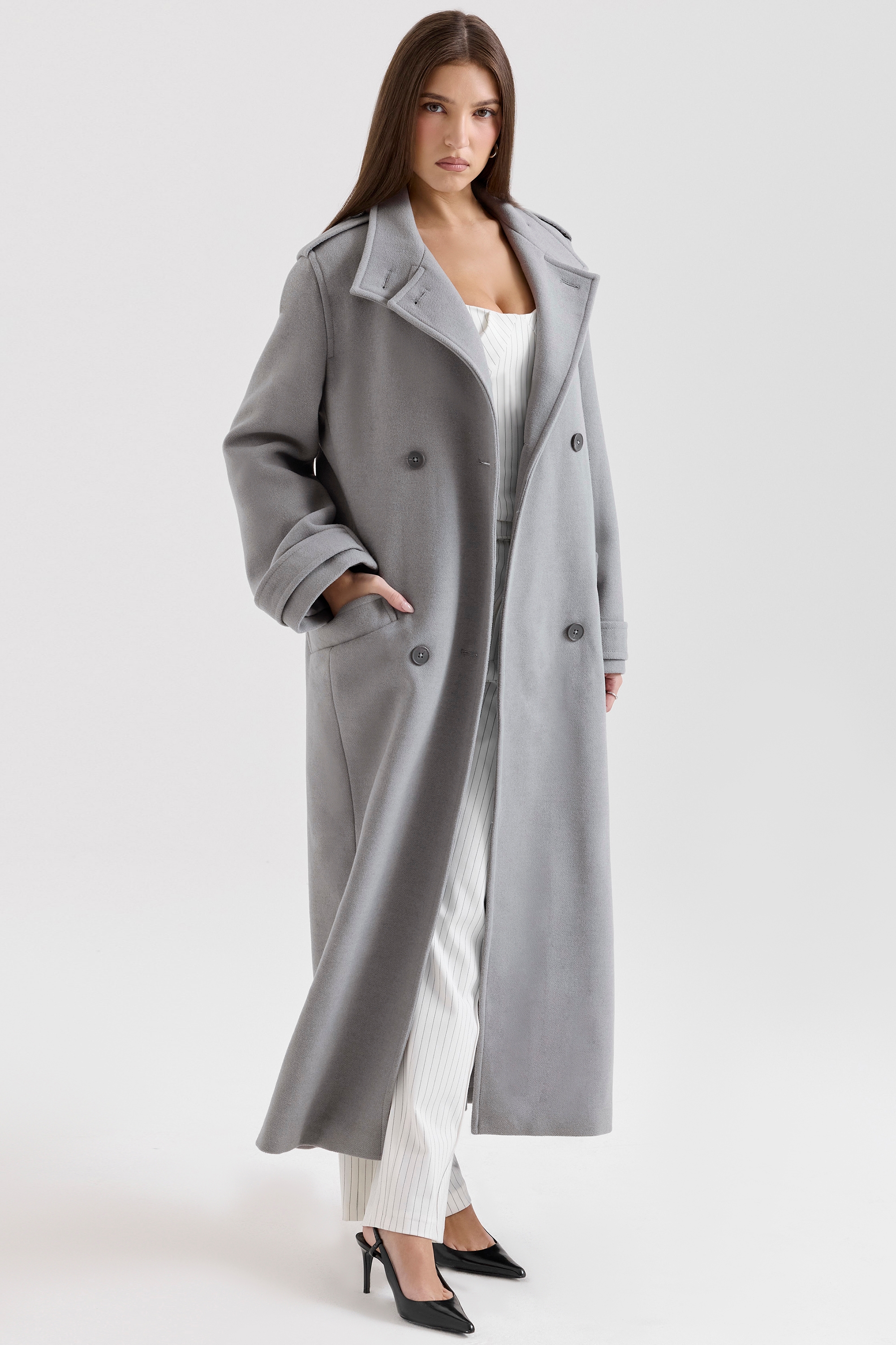 Sander-Grey Double Breasted Funnel Neck Coat