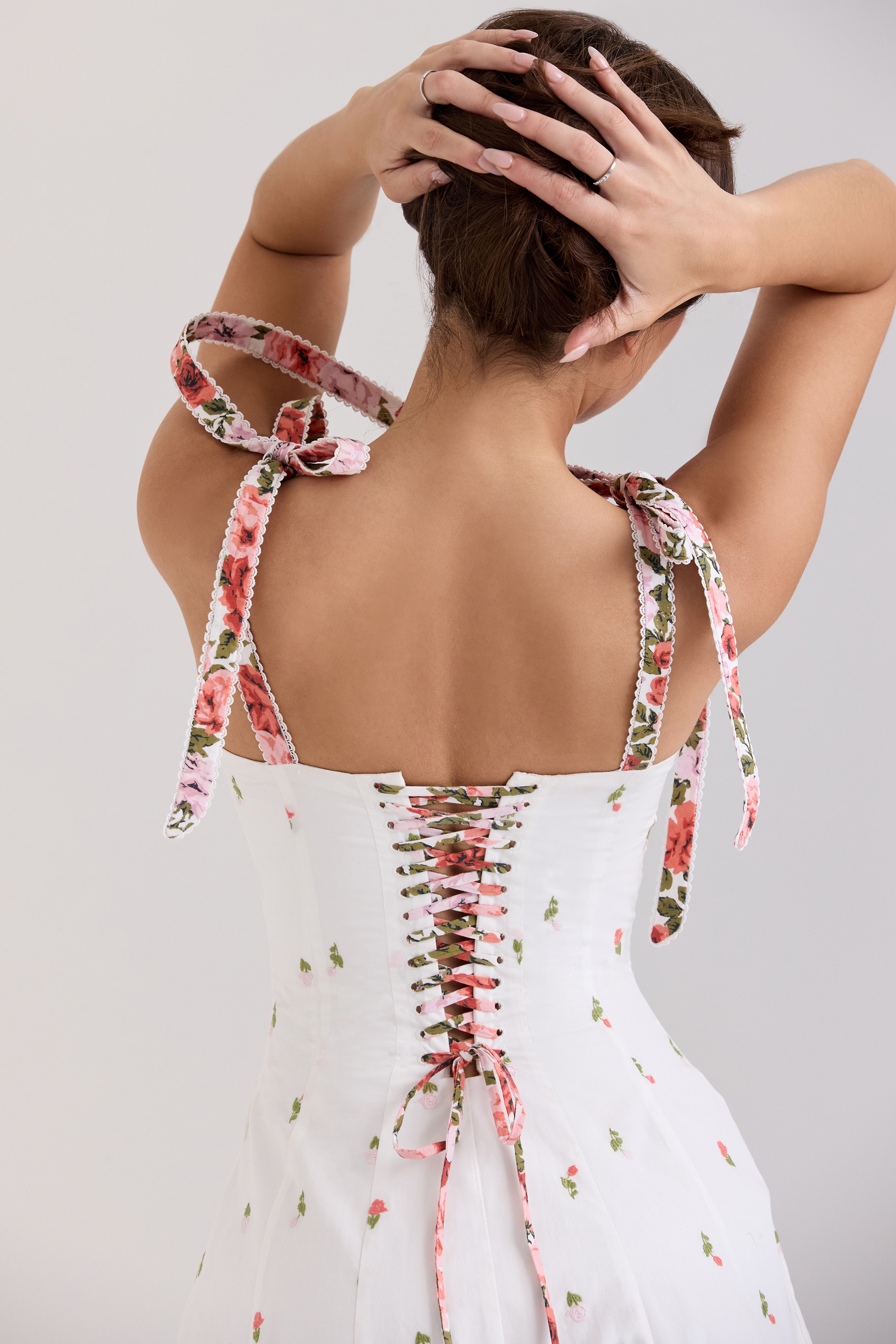 Emely-White Floral Print Stretch Cotton Midi Sundress