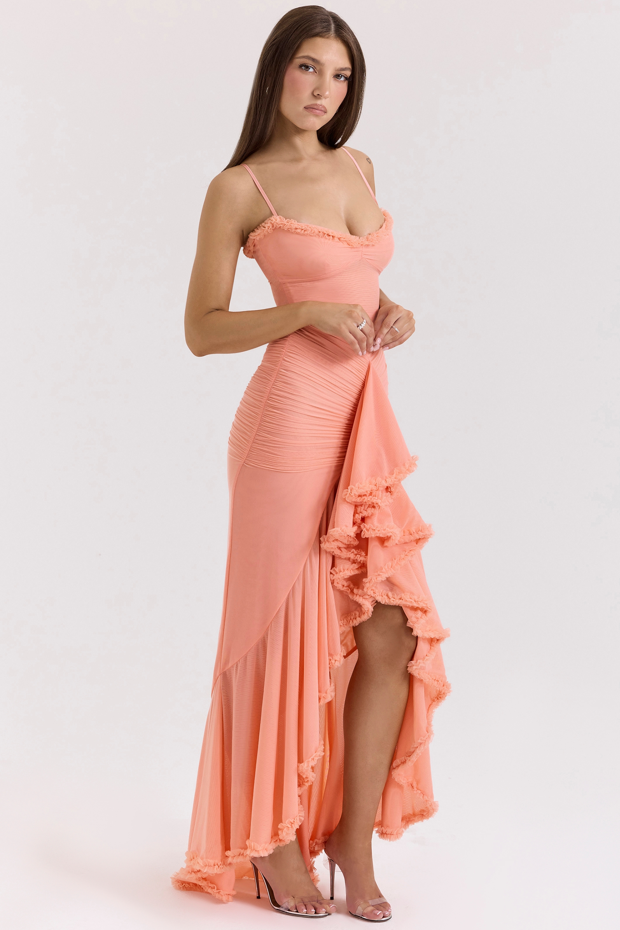 Gabbi-Peach Mesh Ruffled Front Gown