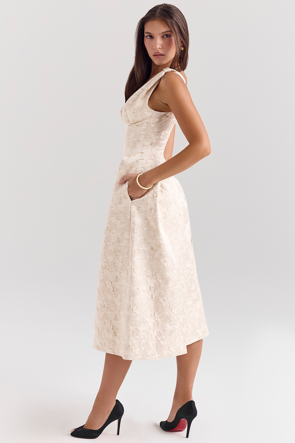 Paloma-Ivory Metallic Jacquard Midi Dress - SALE