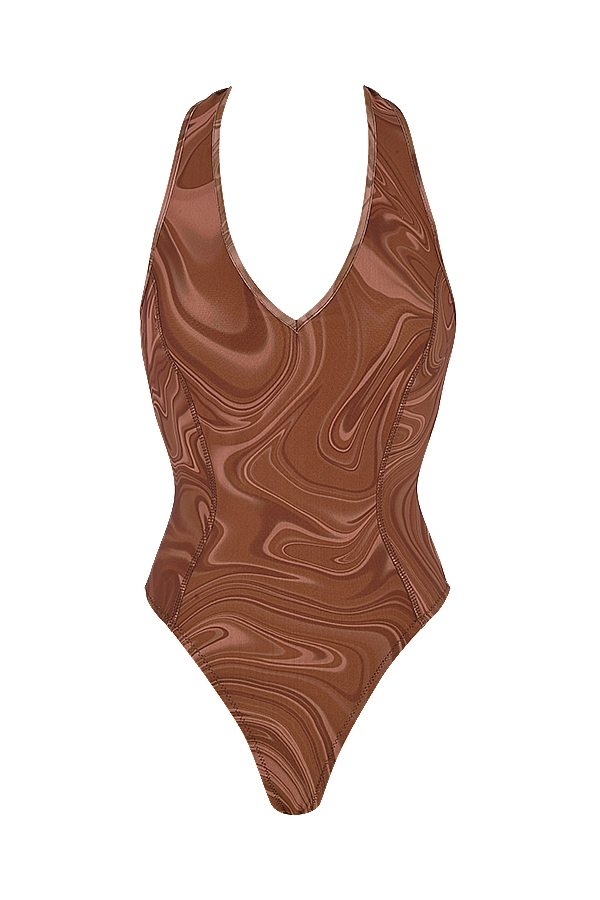 Sabine-Cocoa Swirl Print Halter Bodysuit