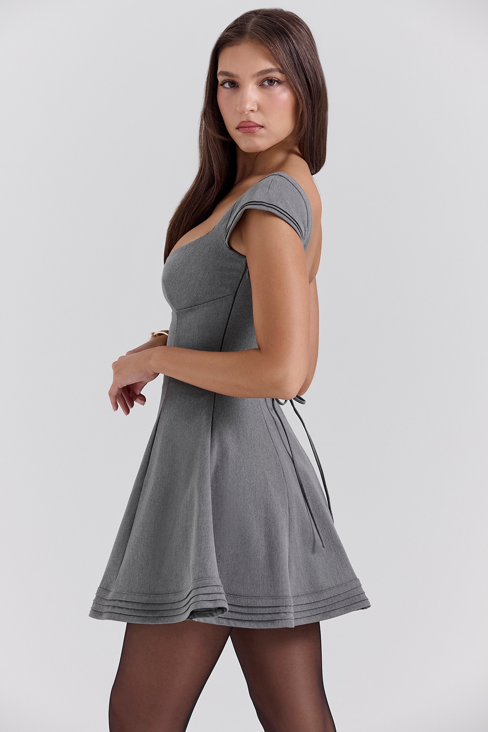 Cheri-French Grey Fitted Mini Dress with Voluminous Skirt - SALE