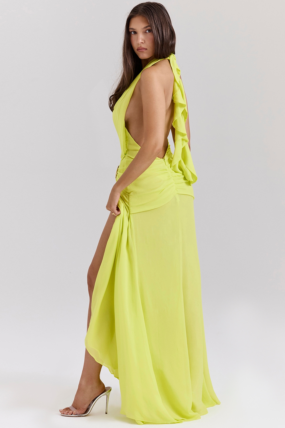 Olessia-Acid Lime Backless Halter Maxi Dress