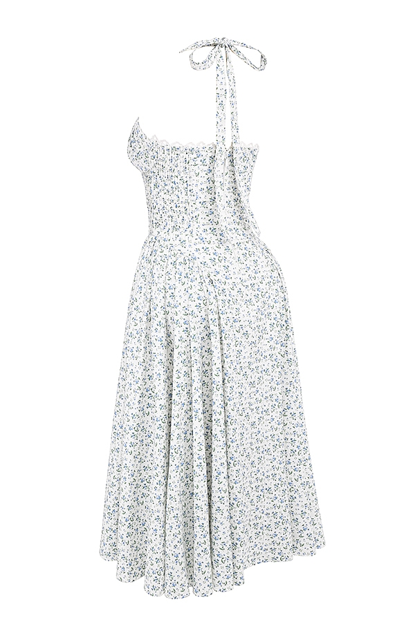 Adabella-White Bluebell Print Cotton Halter Sundress