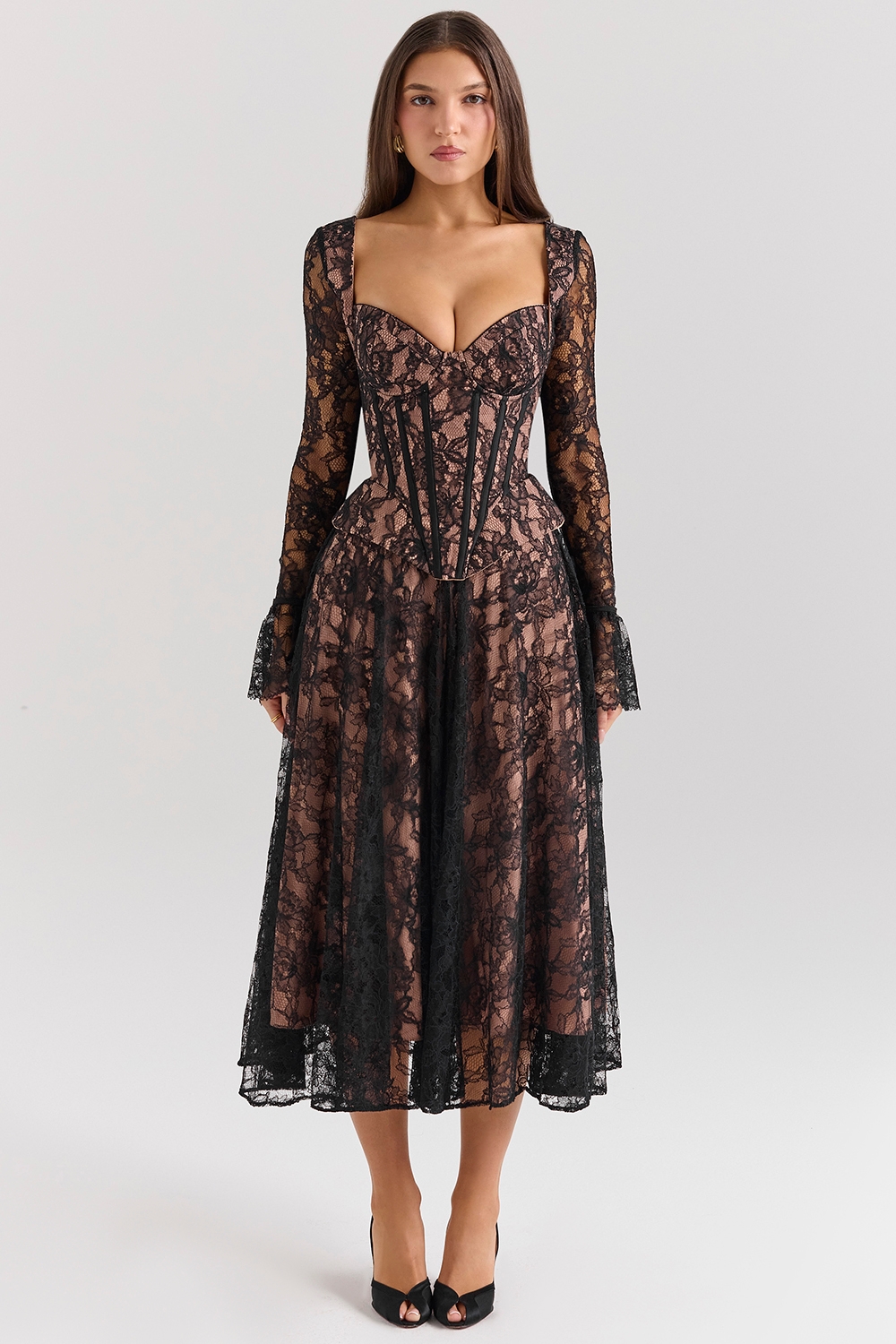 Raquel-Black Lace Corset Midi Dress - SALE