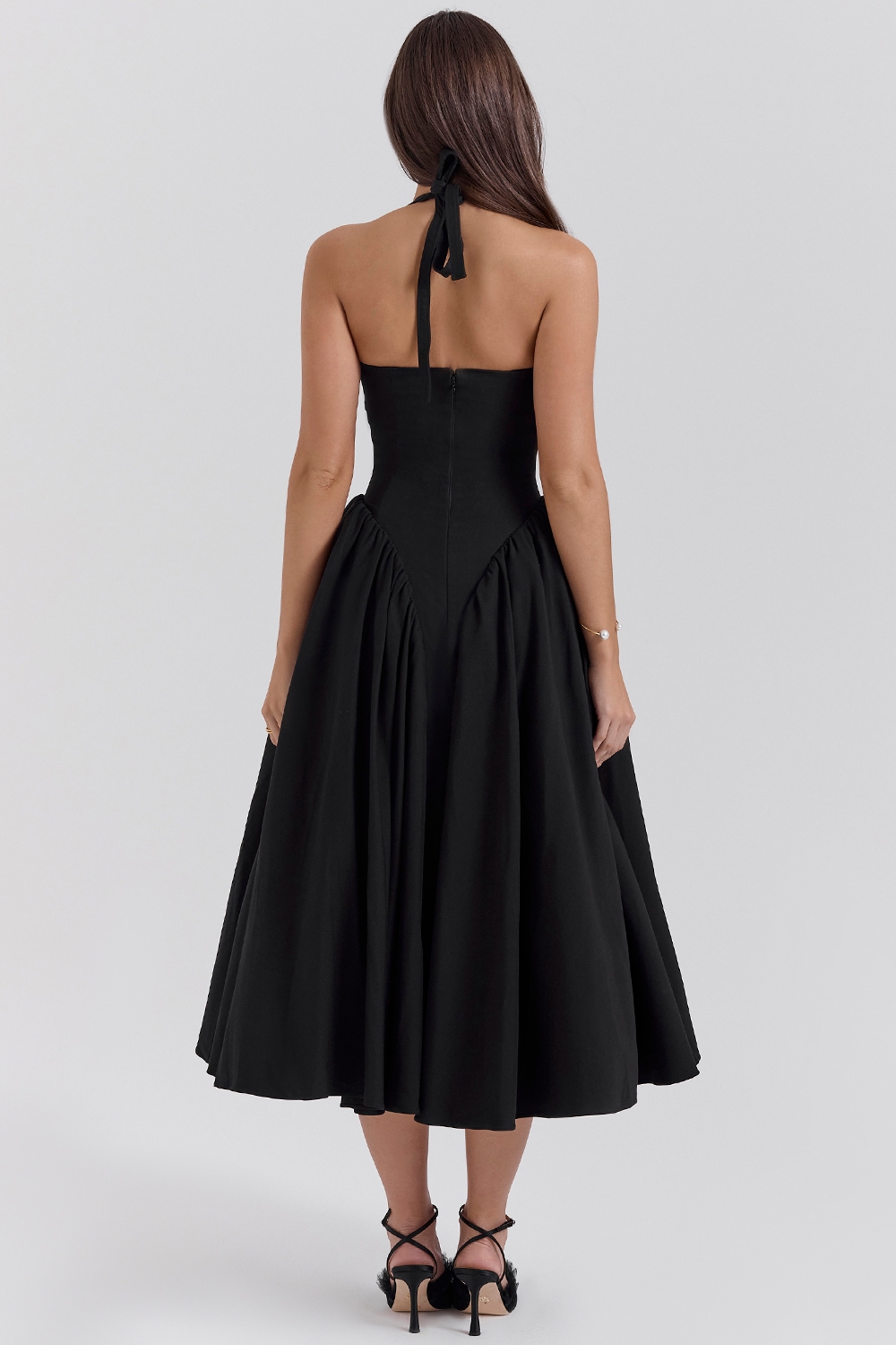 Marilyn-Black Twill Halter Midi Dress