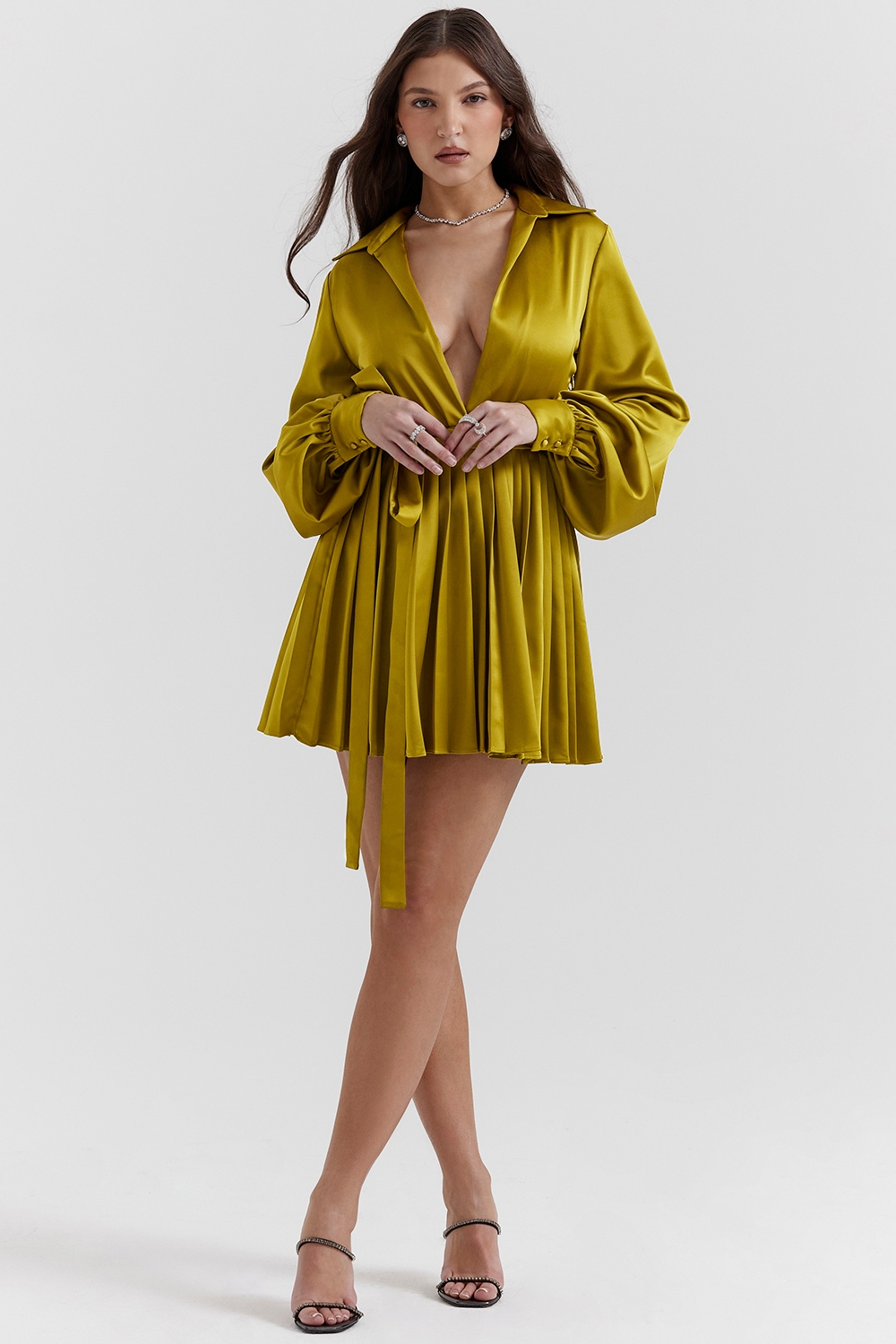 Allegra-Chartreuse Pleated Shirt Dress