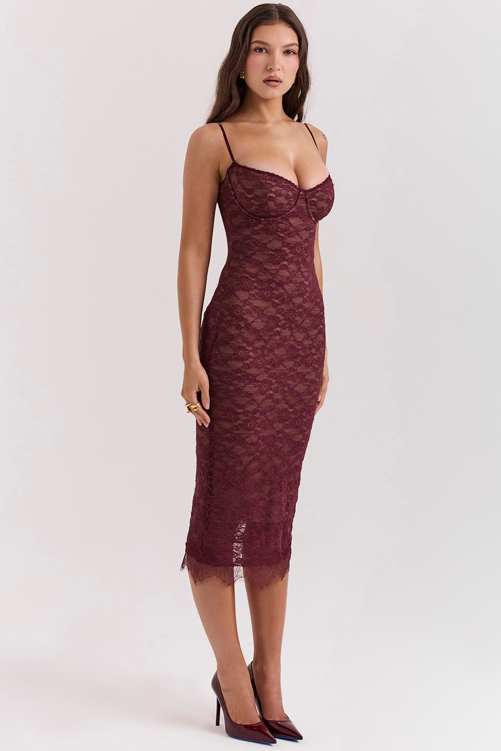 Melina-Mulberry Lace Midi Dress