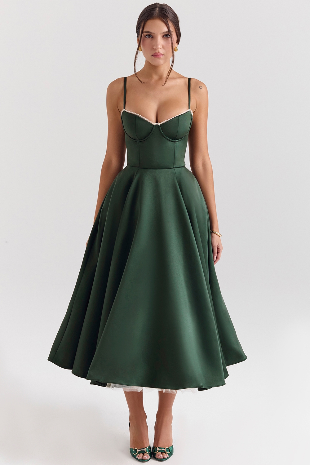 Mademoiselle-Forest Green Satin Tulle Midi Dress