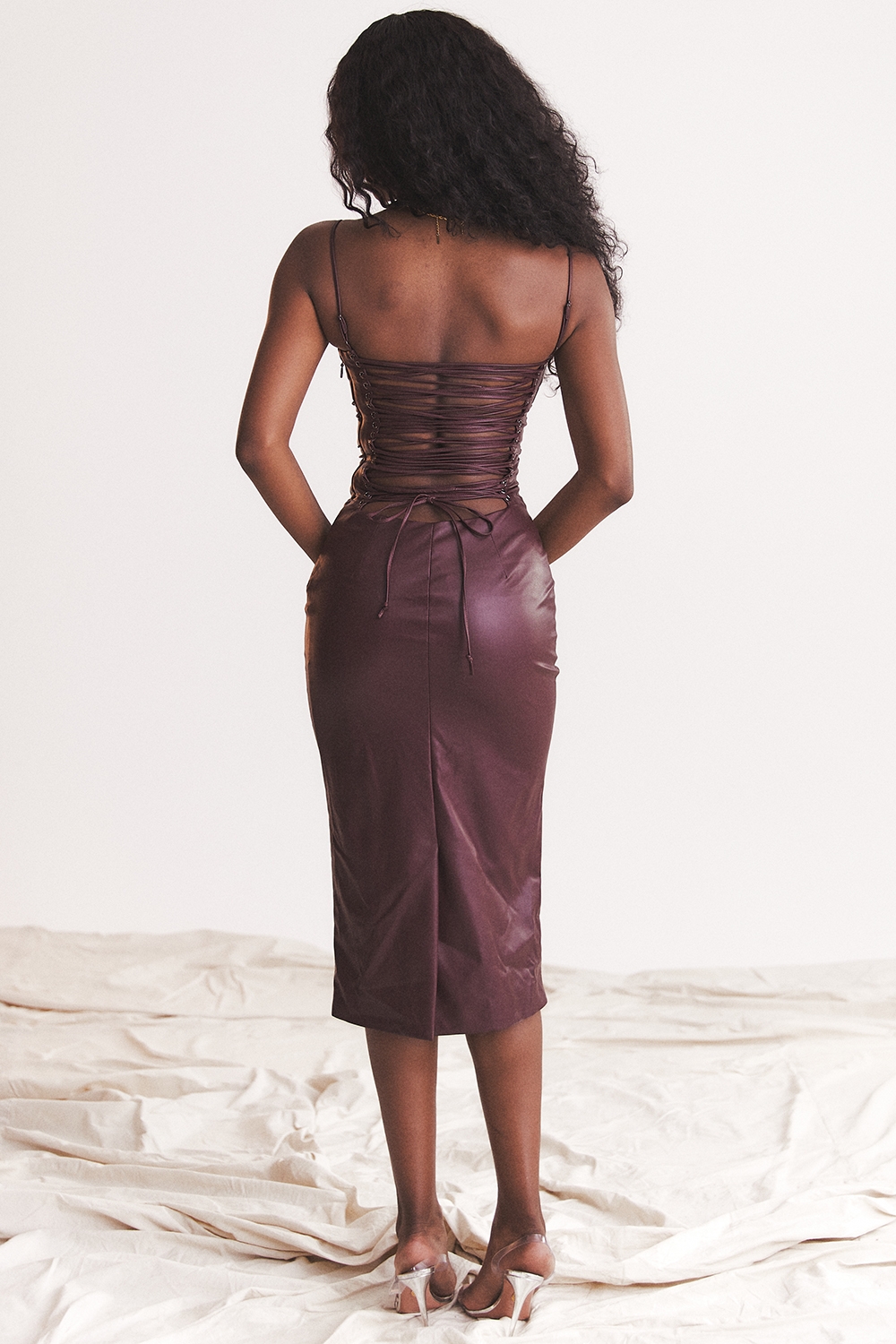 Jalena-Mulberry Vegan Leather Lace Back Dress