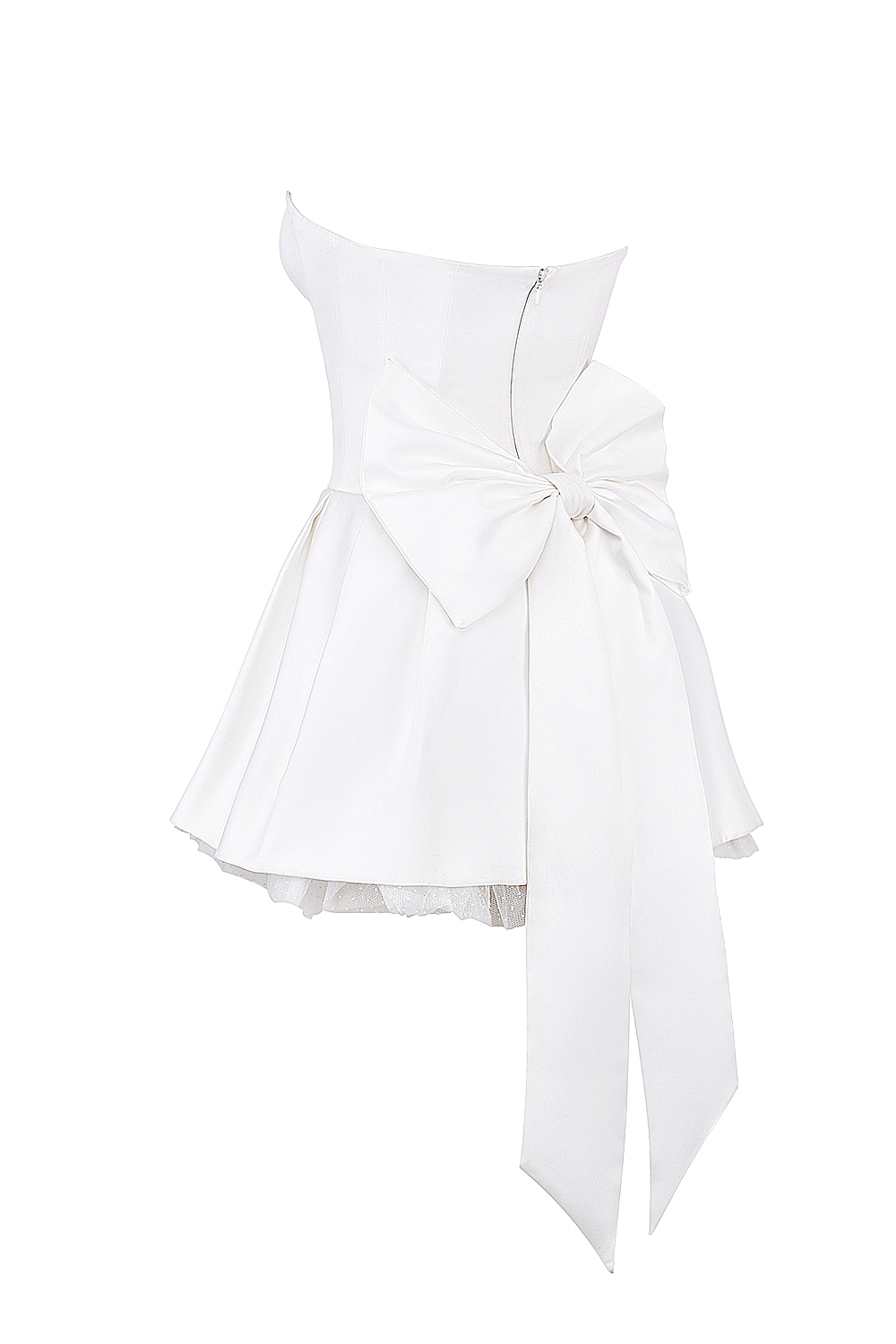 Noele-White Satin Strapless Bow Mini Gown