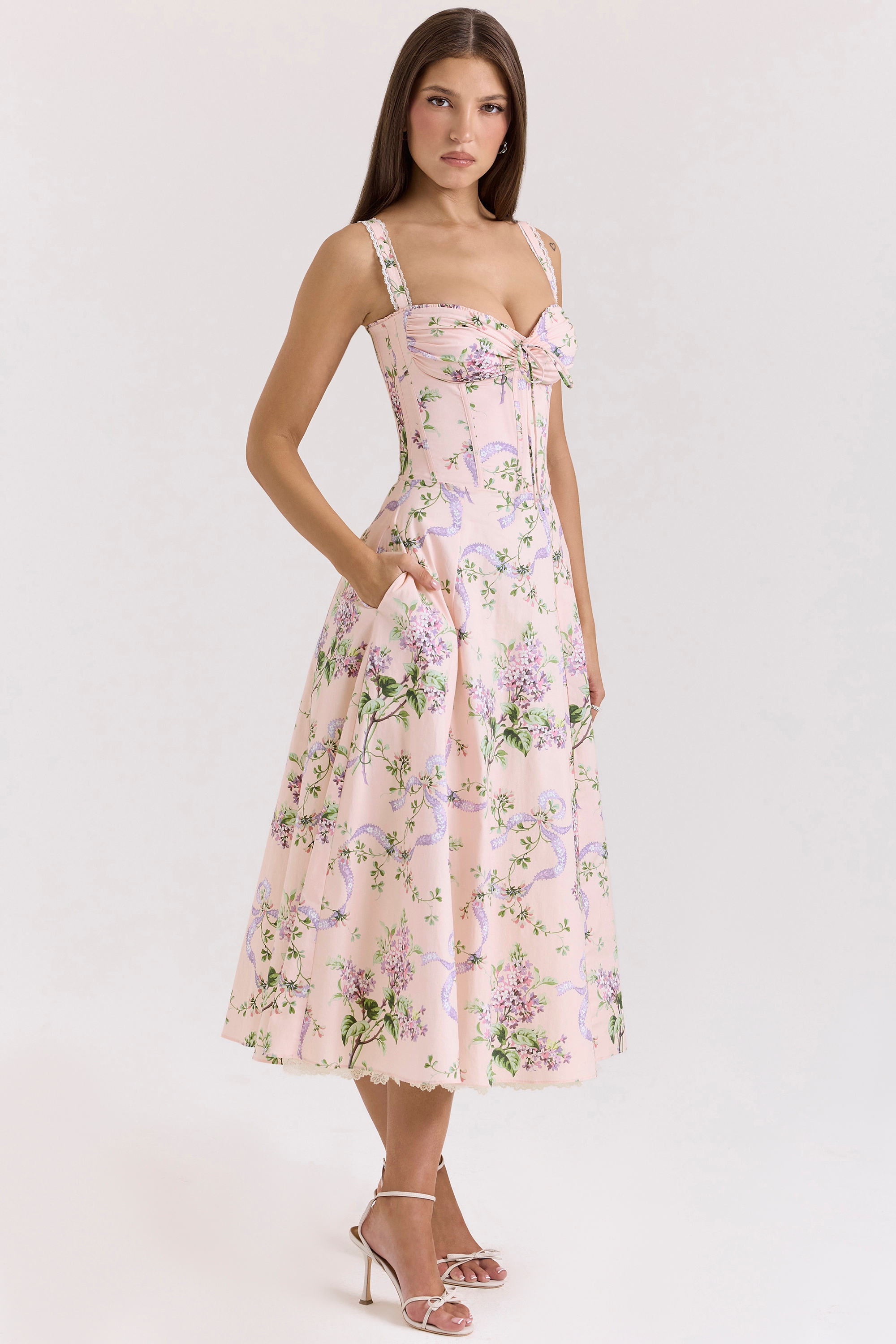 Rosalee-Pink Floral Corset Midi Dress