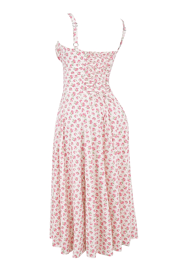 Carmen-White Rosebud Print Cotton Bustier Sundress