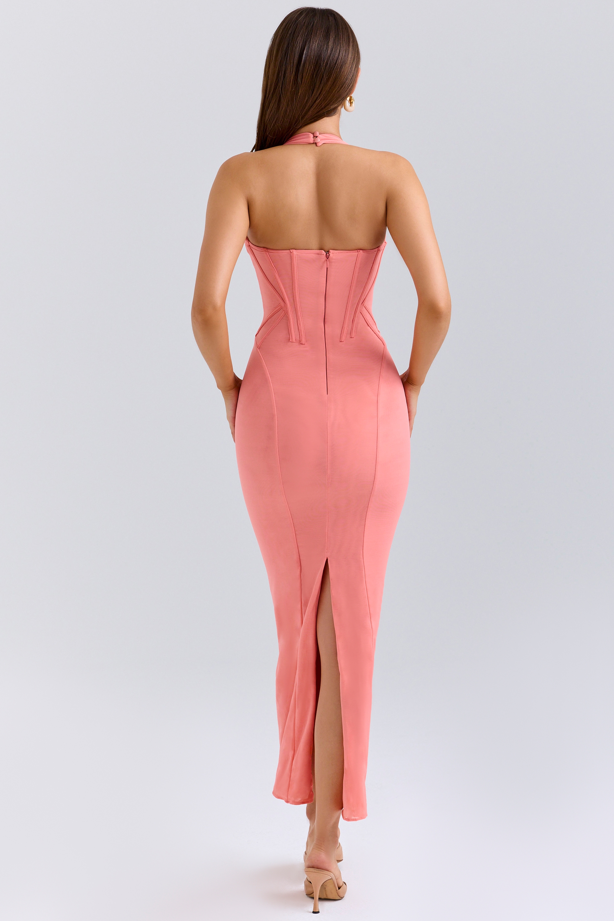 Lusilla-Coral Stretch Mesh Halter Neck Midi Dress
