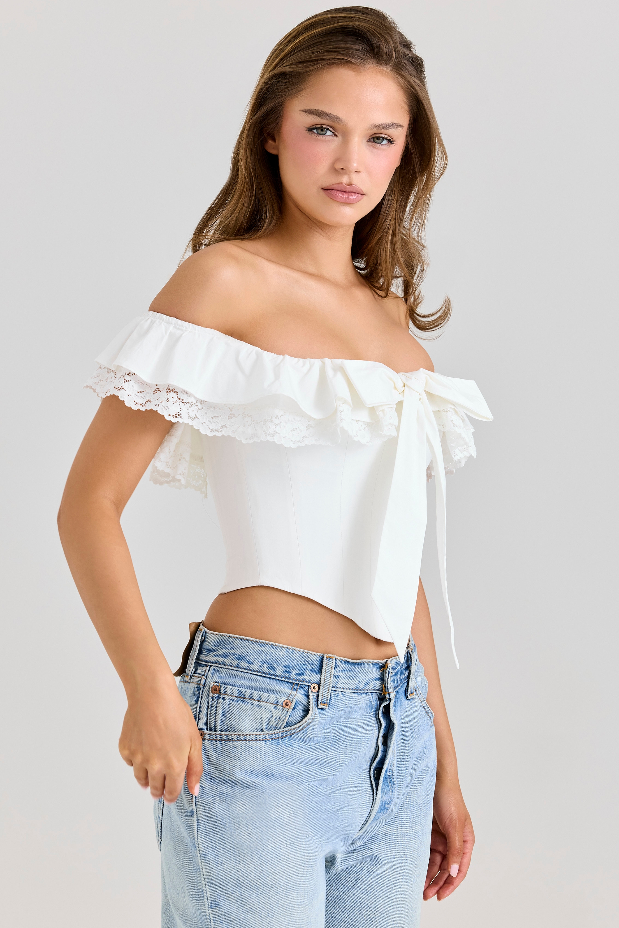 Aria-White Stretch Cotton Off-The-Shoulder Frill Corset