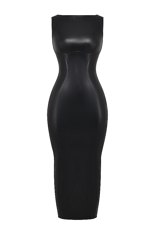 Sahara-Black Vegan Leather Maxi Dress