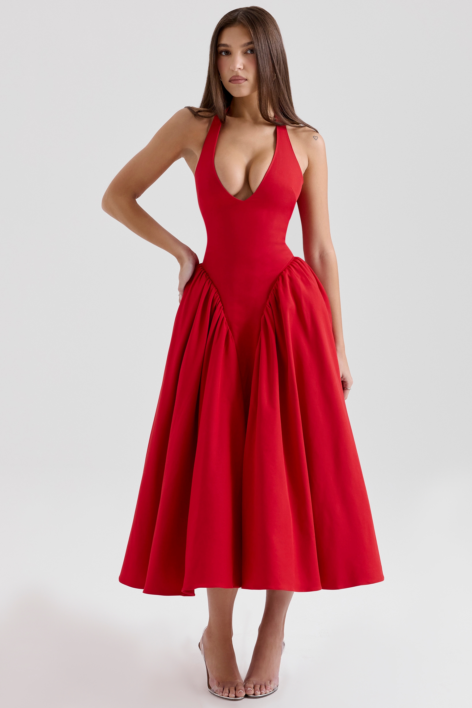 Marilyn-Red Twill Halter Midi Dress