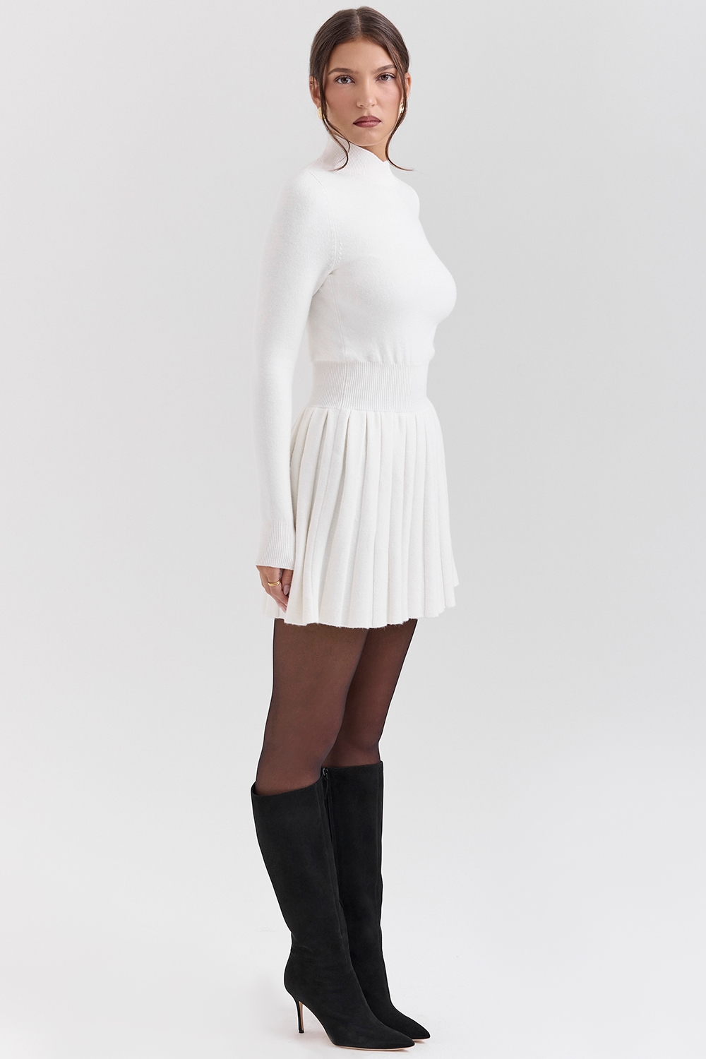 Willow-White Cashmere Blend Pleated Skated Mini Dress