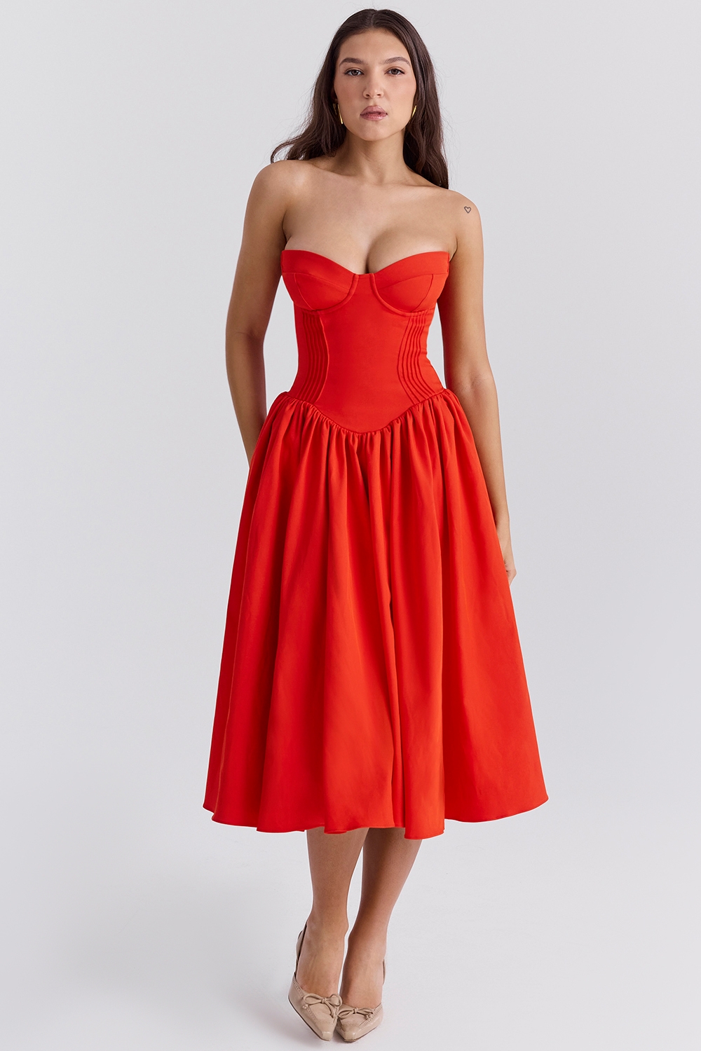 Elizabeth-Italian Tomato Strapless Midi Sundress