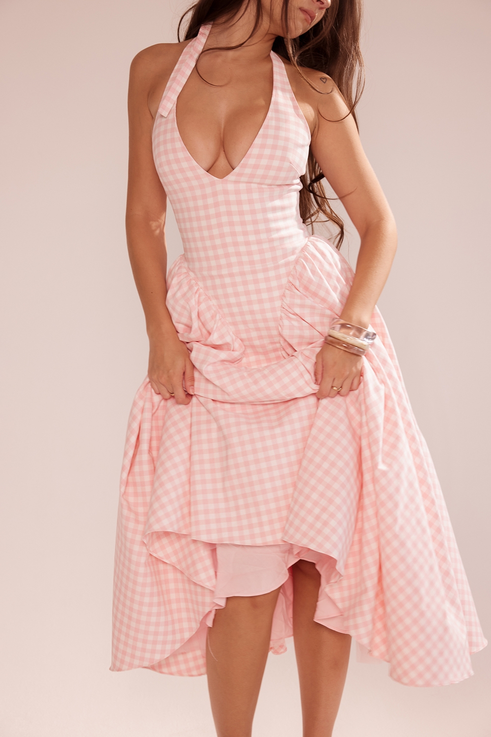 Marilyn-Strawberry Shortcake Gingham Halter Midi Sundress