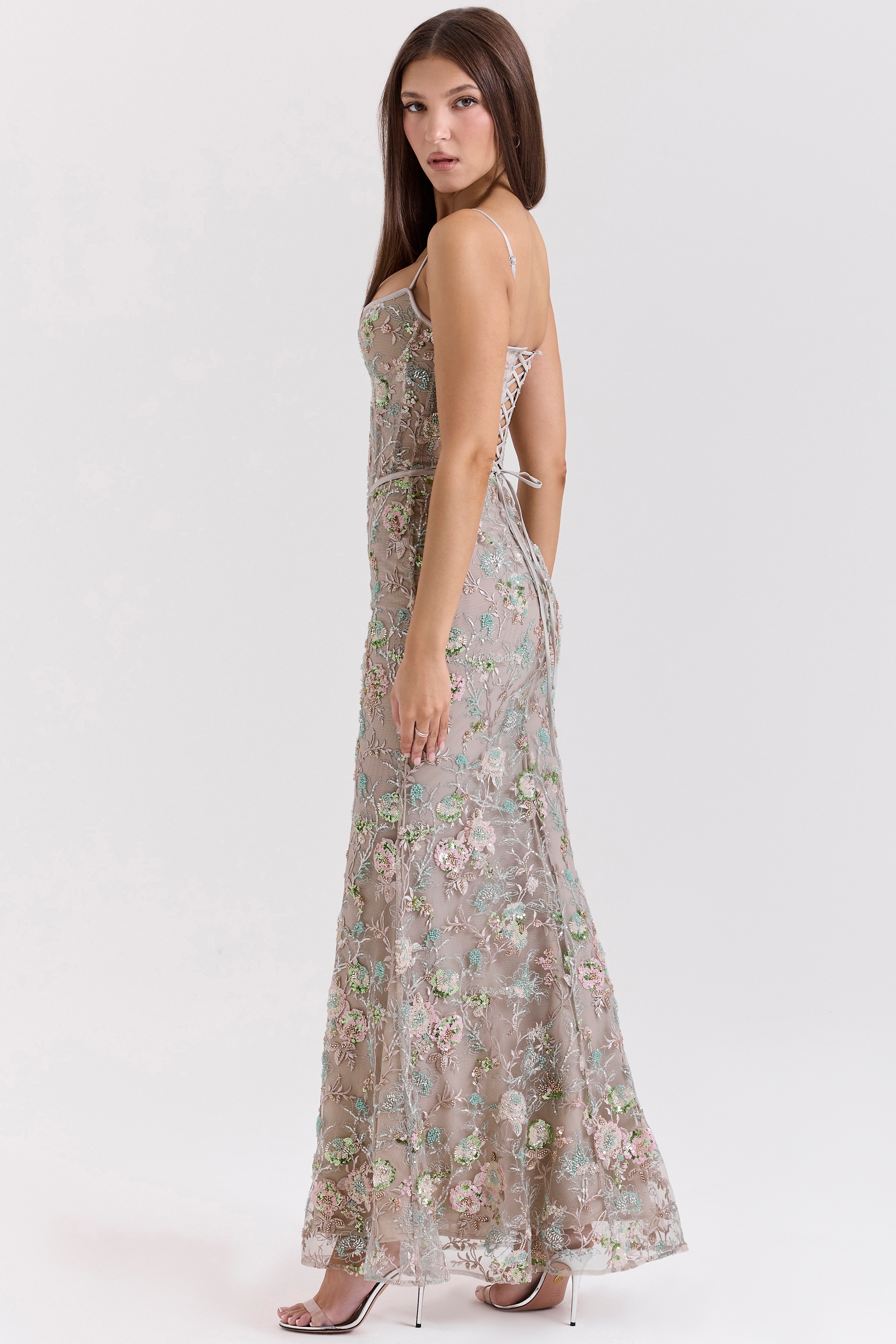 Naima-Silver Embellished Beaded Corset Maxi Dress