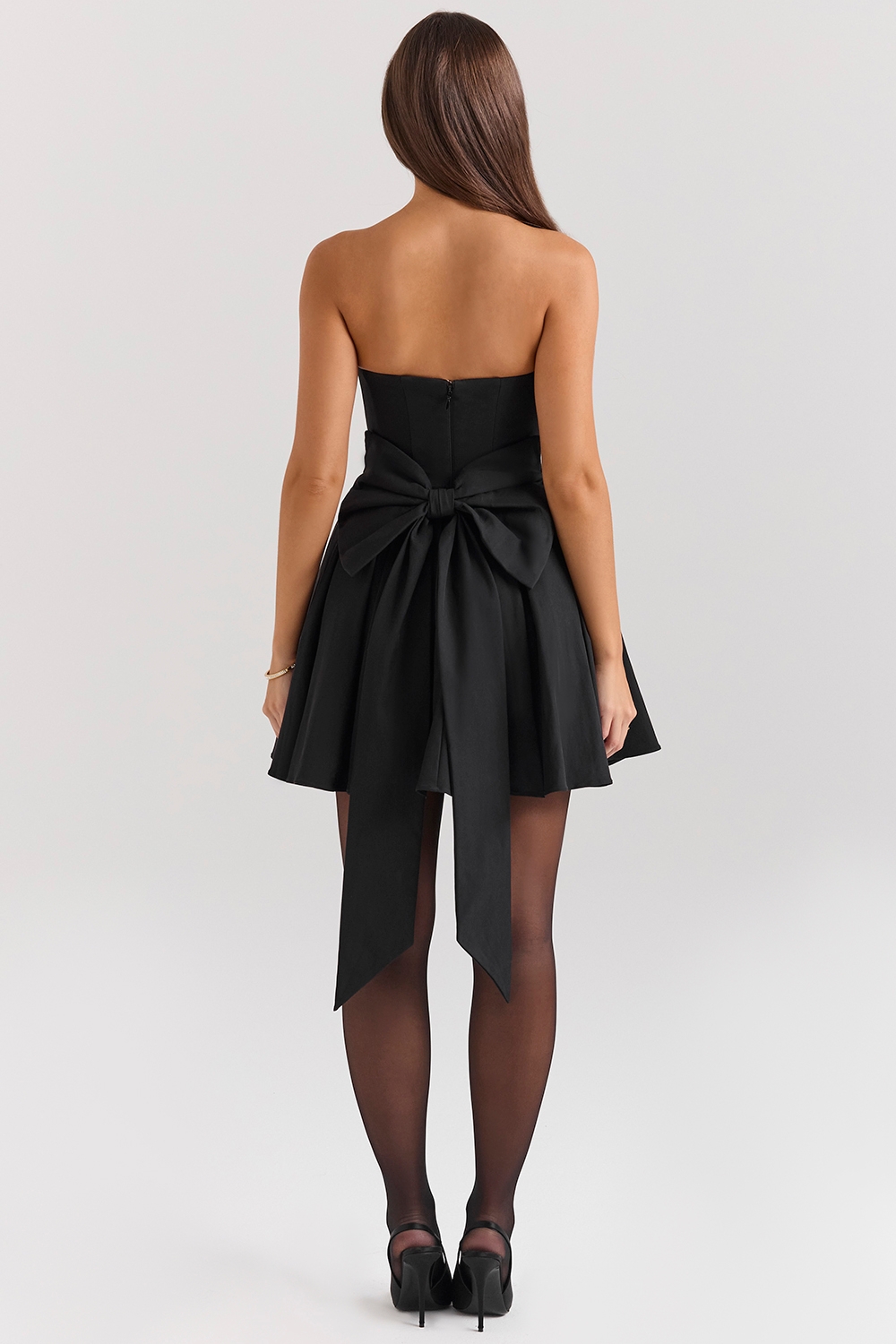 Emmanuela-Black Strapless Detachable Bow Mini Dress