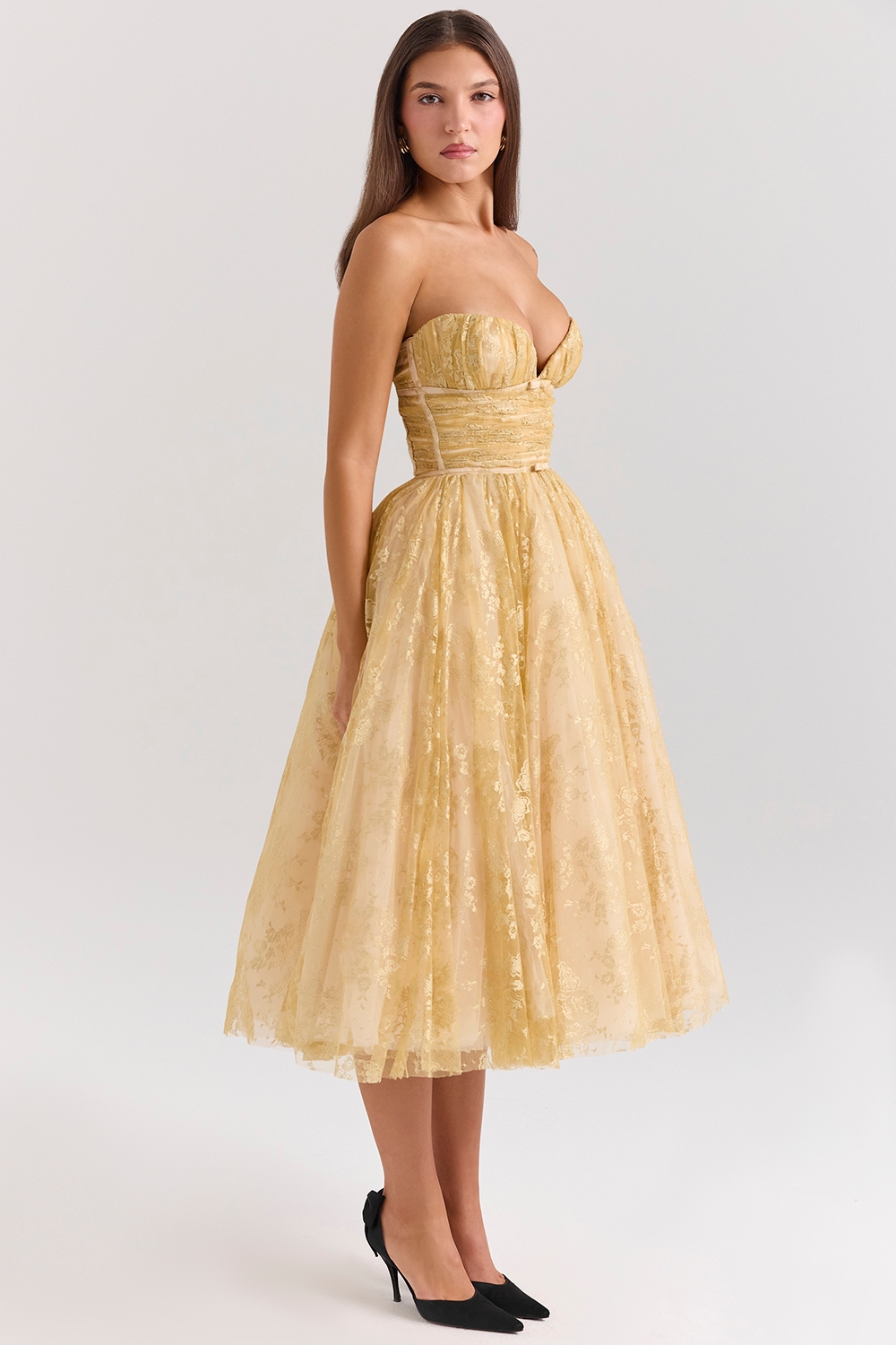 Madame-Gold Metallic Lace Tulle Midi Gown