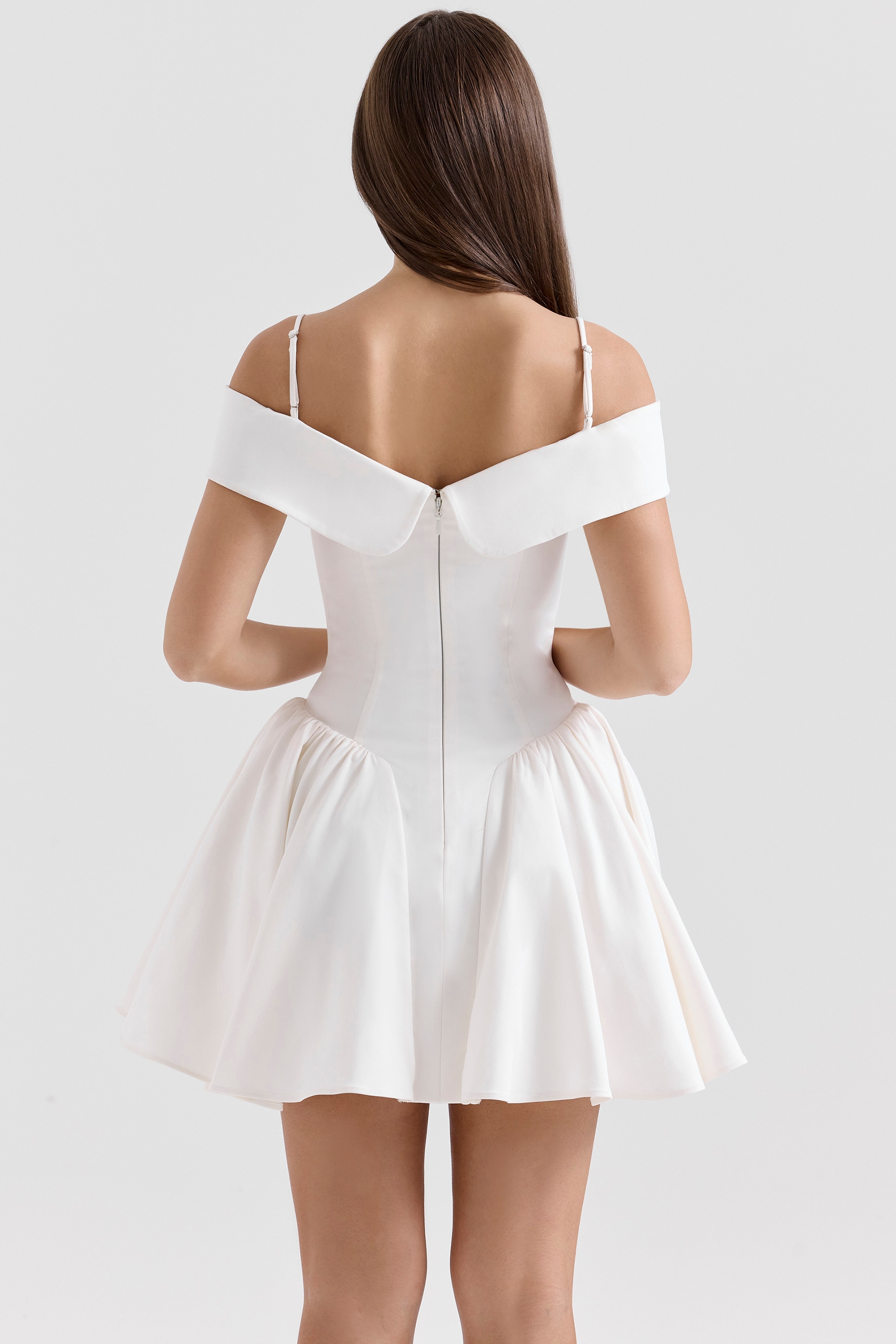 Elida-White Twill Off Shoulder Mini Dress