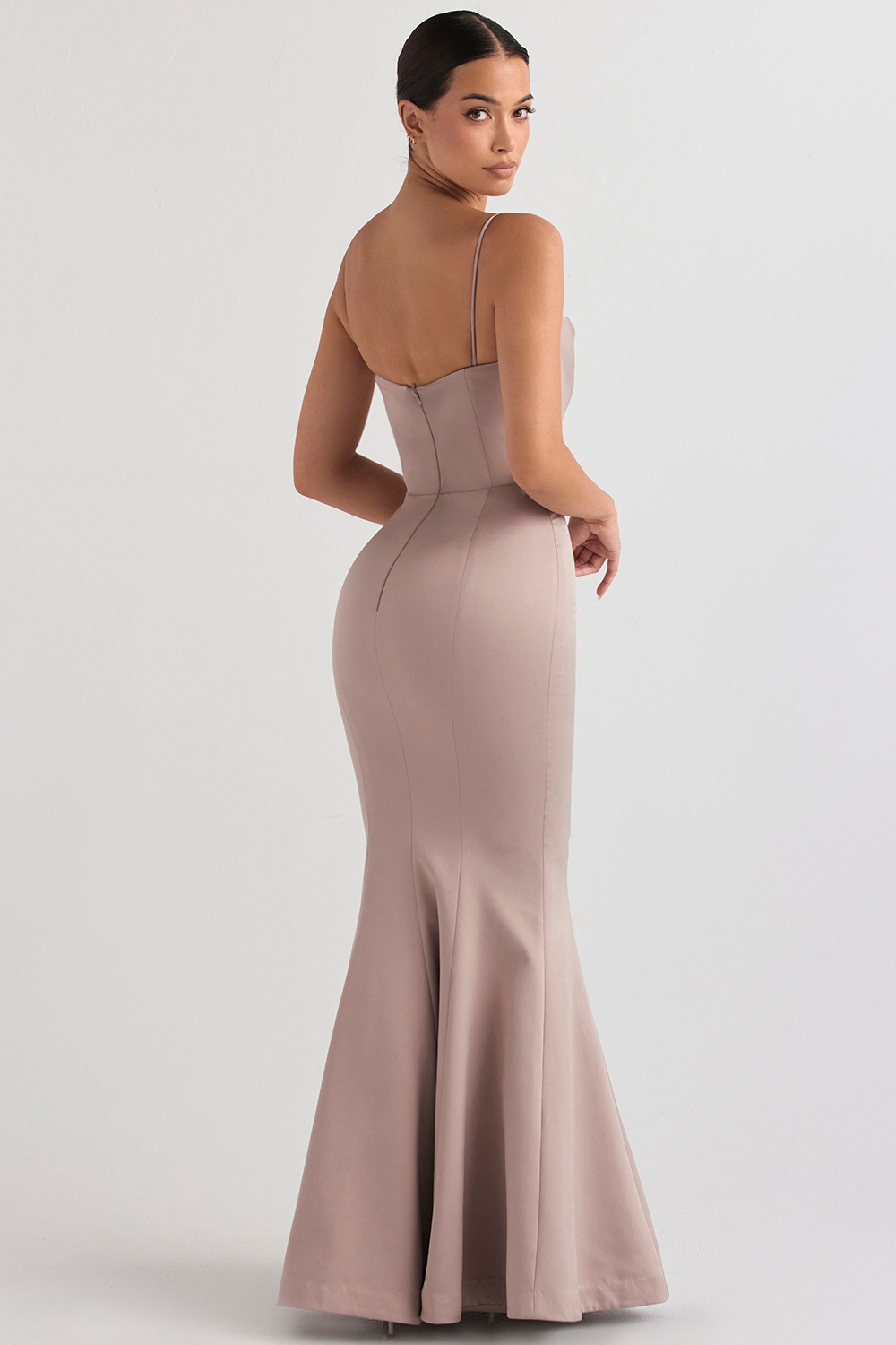 Violette-Mushroom Satin Fishtail Gown