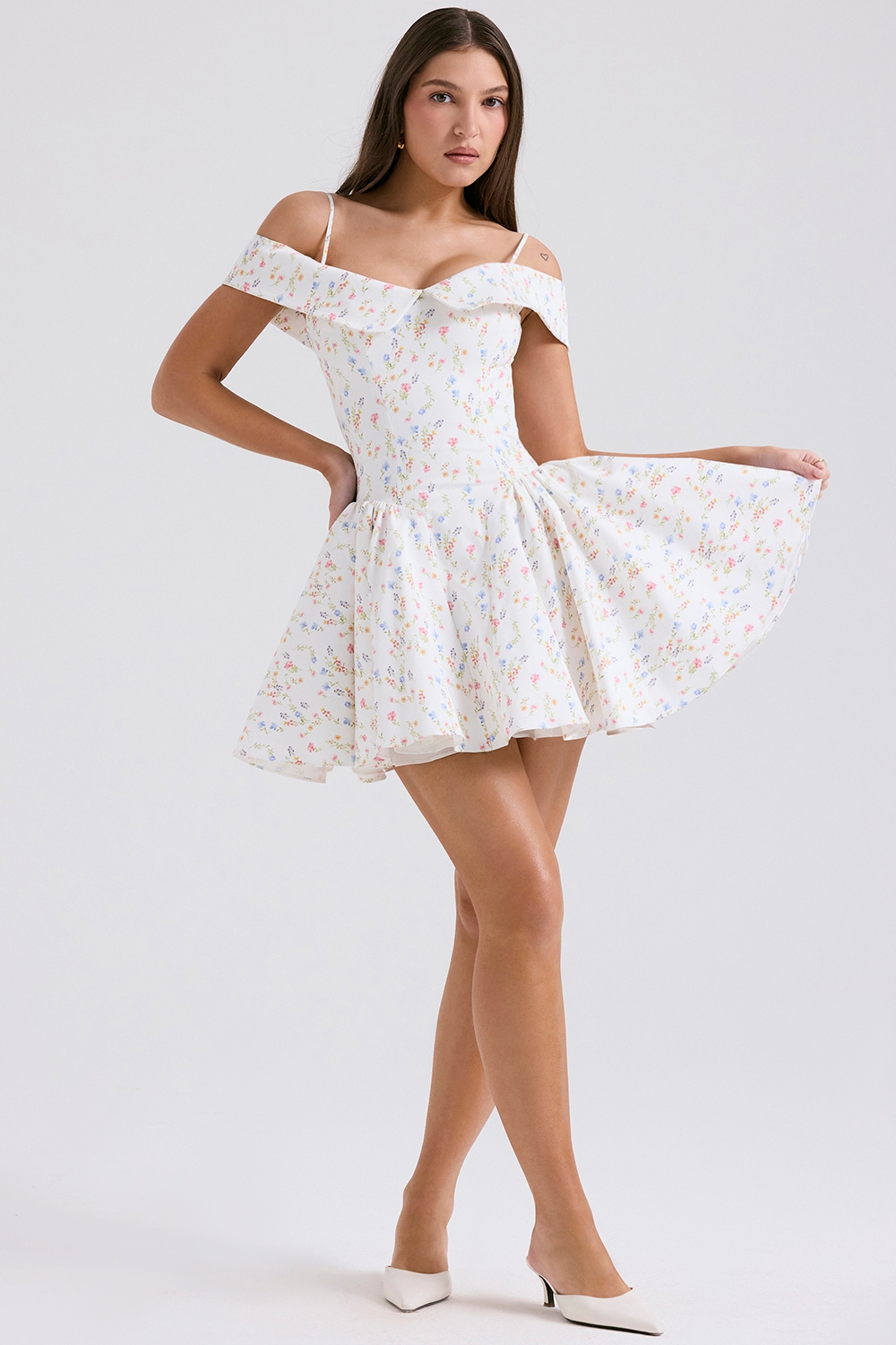 Elida-White Posy Print Corset Mini Dress