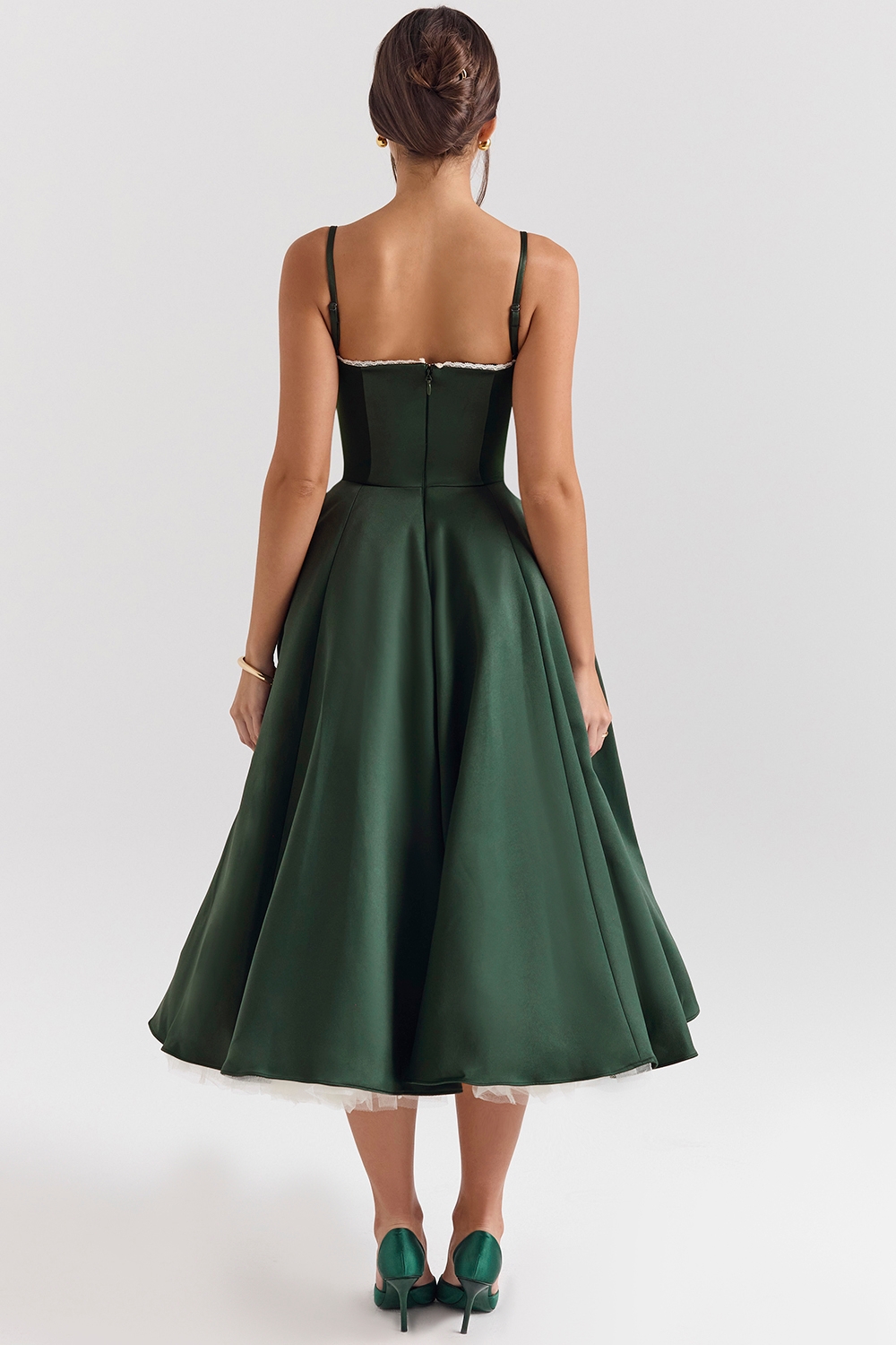 Mademoiselle-Forest Green Satin Tulle Midi Dress