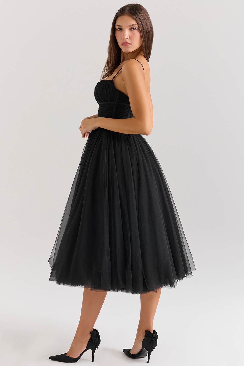 Countess-Black Tulle Ruched Bodice Midi Dress - SALE