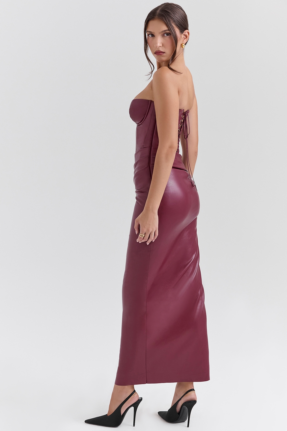 Juliana-Cabernet Vegan Leather Midi Dress