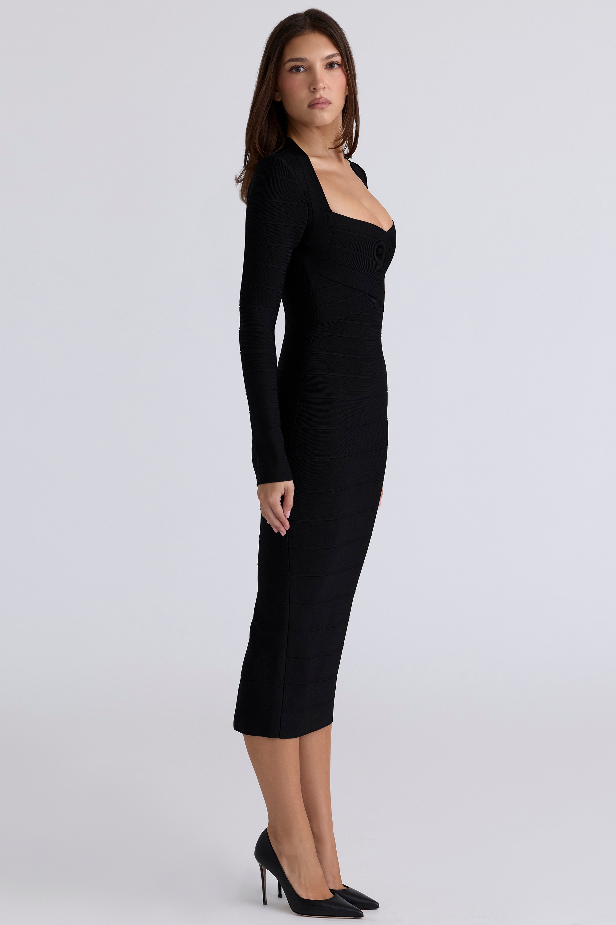 The Naomi-Black Long Sleeve Stretch Bandage Midi Dress