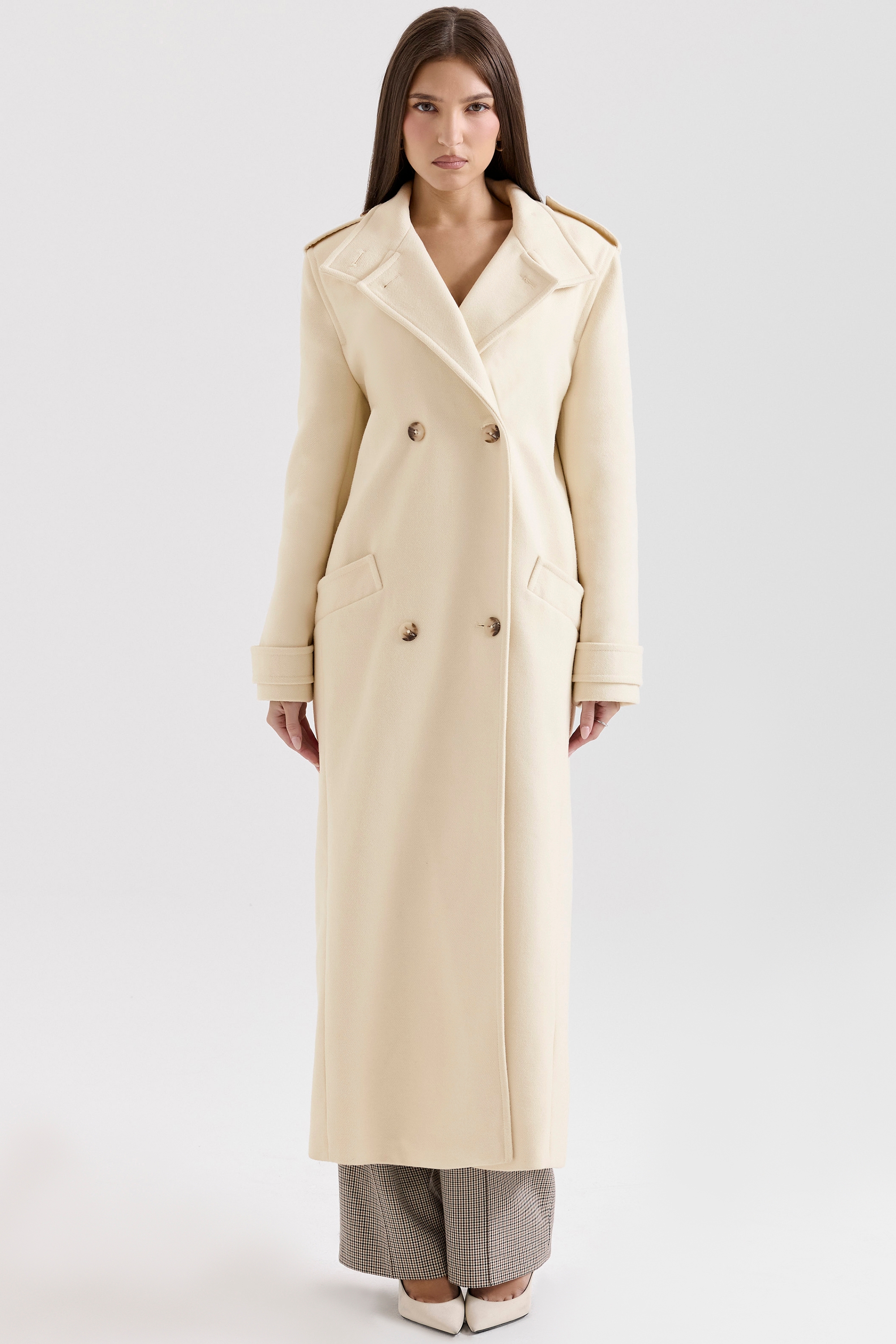 Sander-Cream Double Breasted Funnel Neck Coat
