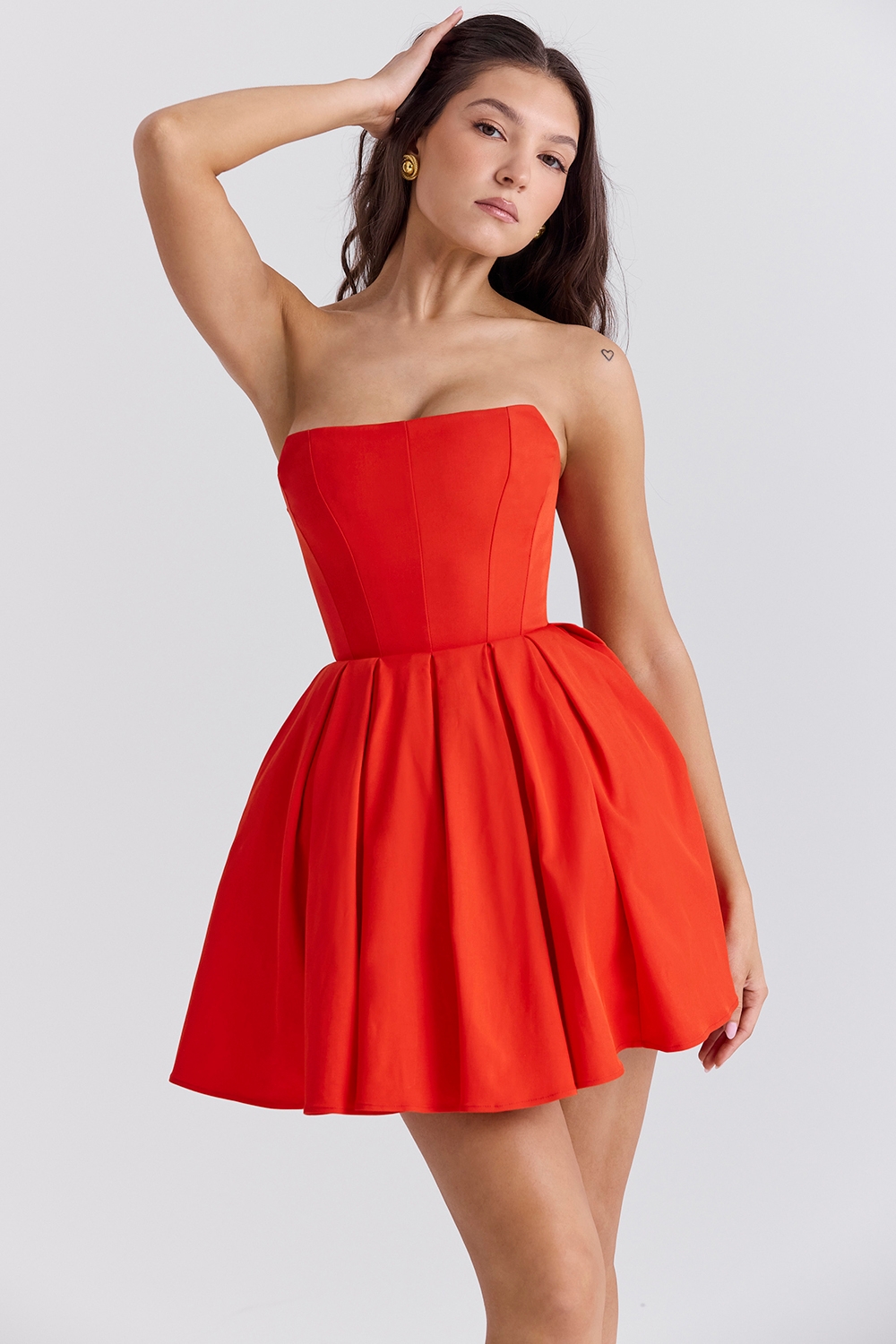 Emmanuela-Italian Tomato Strapless Pleated Mini Dress
