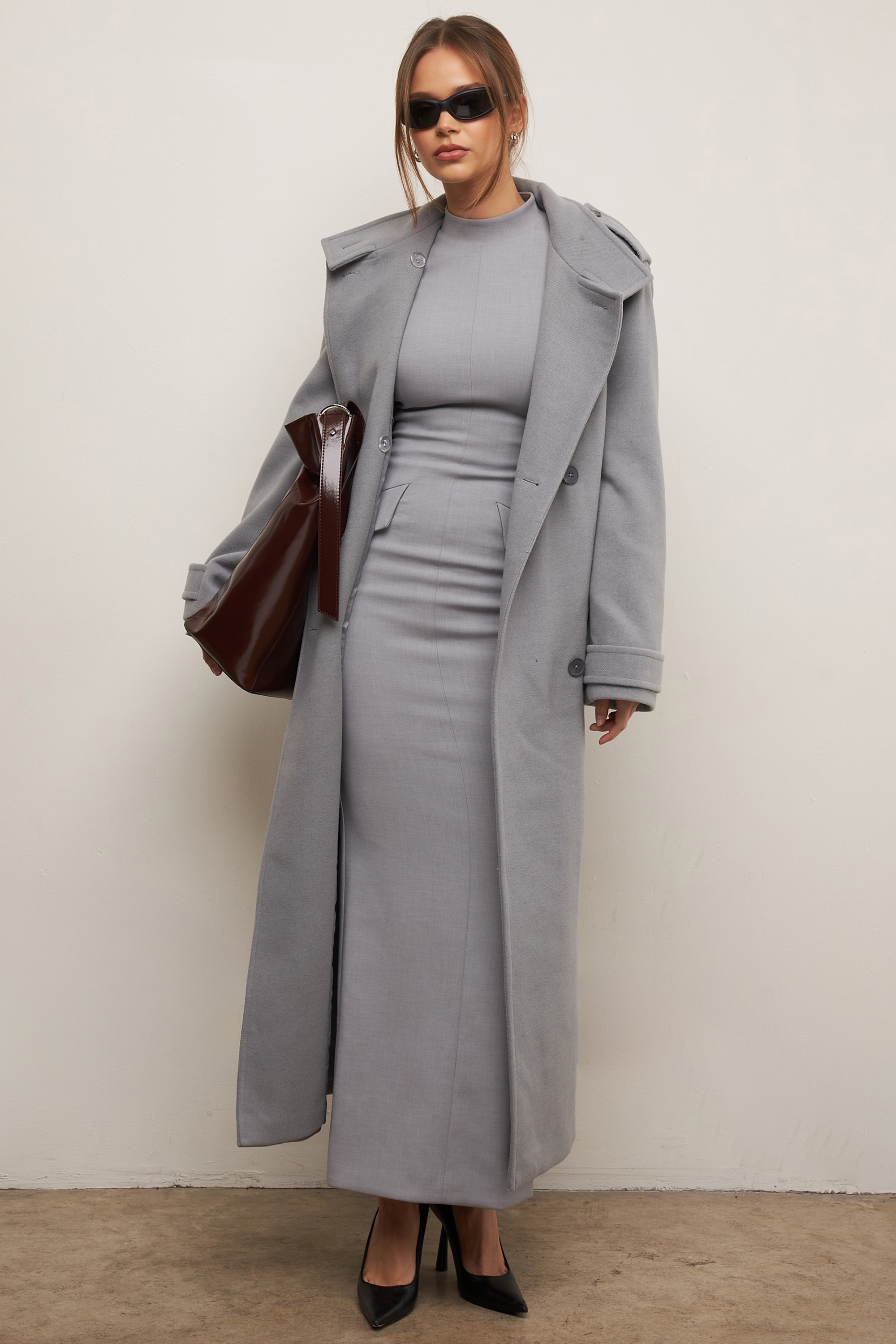 Sander-Grey Double Breasted Funnel Neck Coat