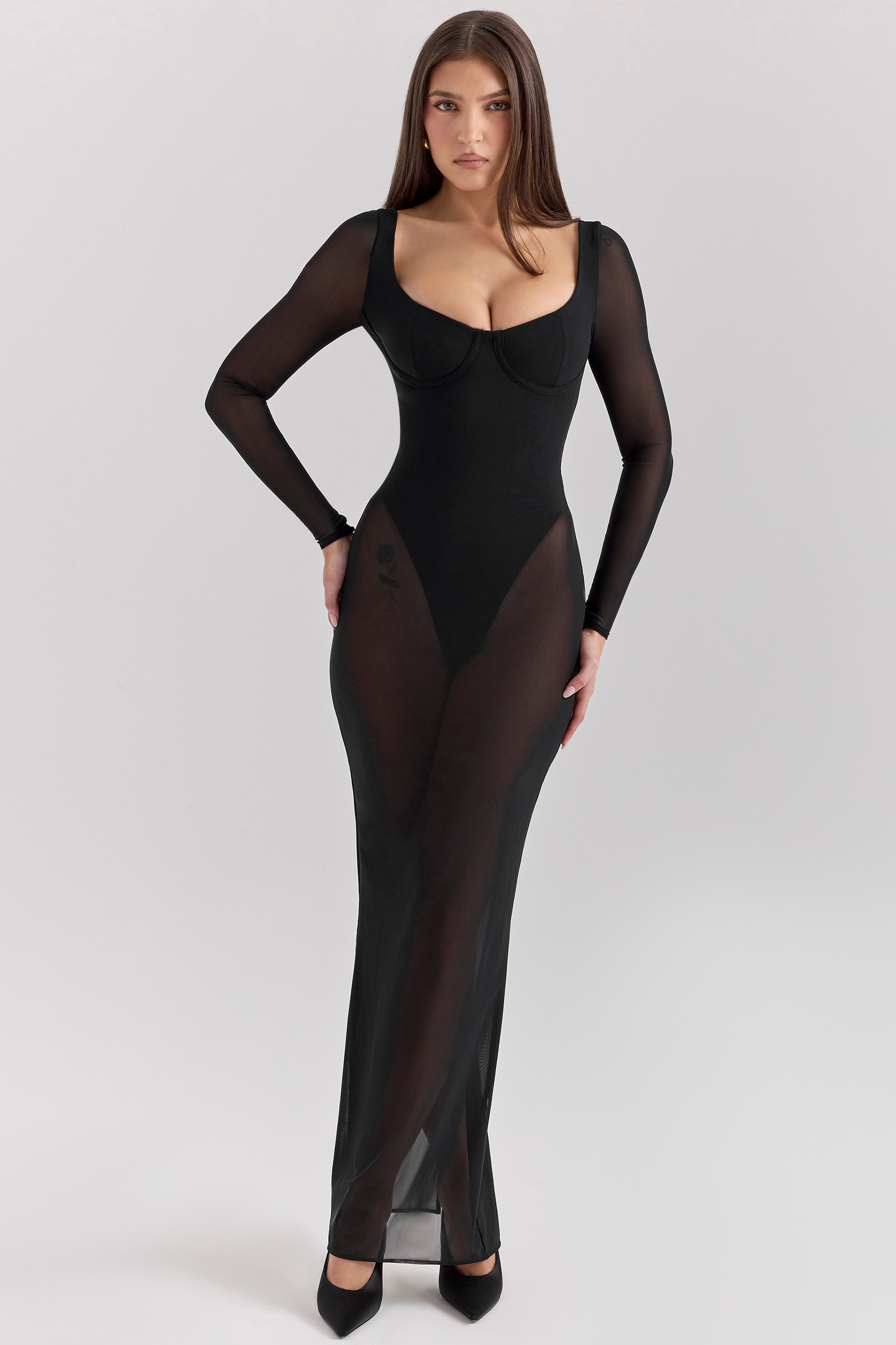 Everly-Black Mesh Maxi Dress with Bodysuit