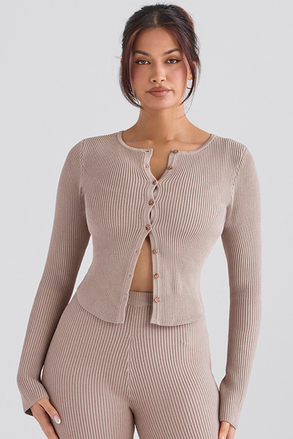 Sylvia-Taupe Ribbed Knit Cardigan - SALE