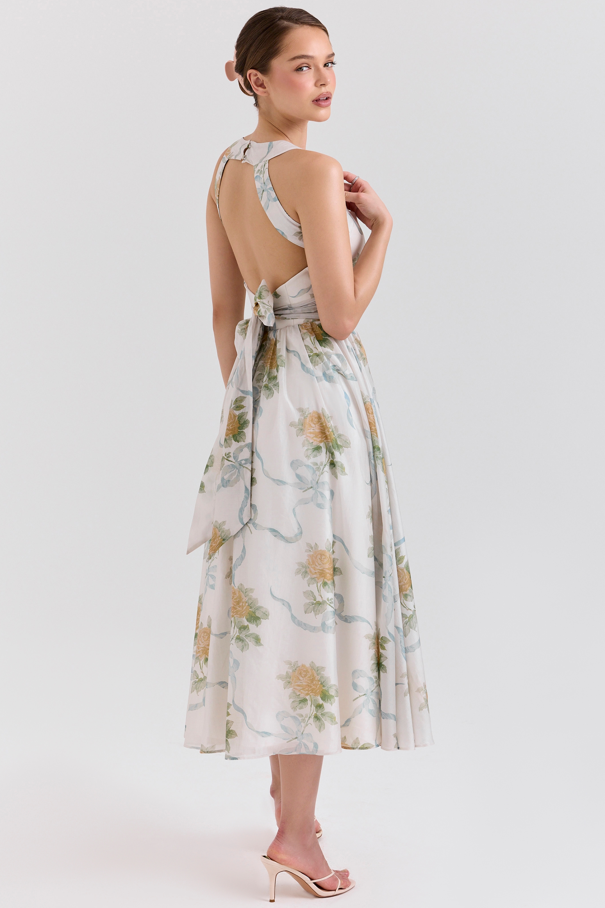 Minerva-Soft Blue Vintage Ribbon Print Chiffon Midi Dress