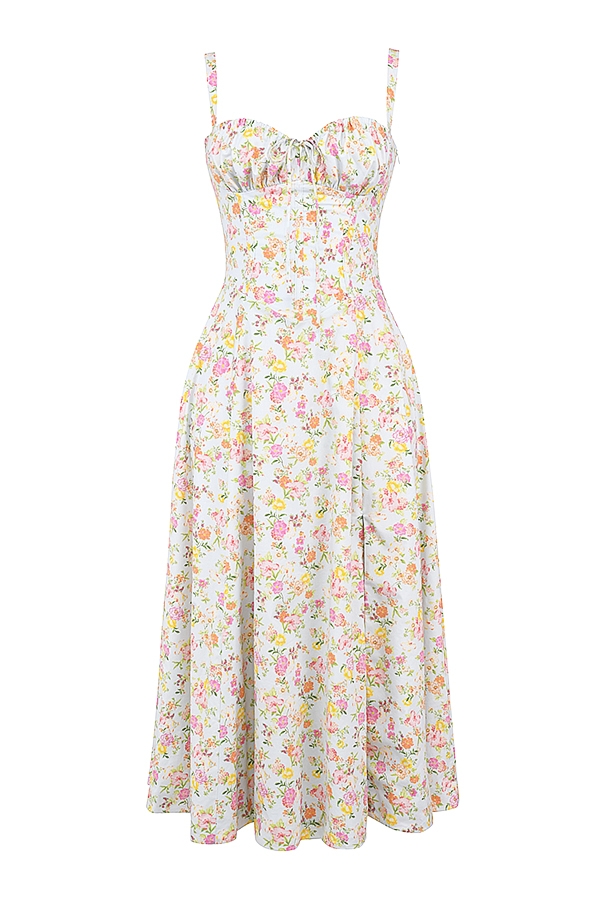 Carmen-Pale Blue Meadow Print Cotton Bustier Sundress