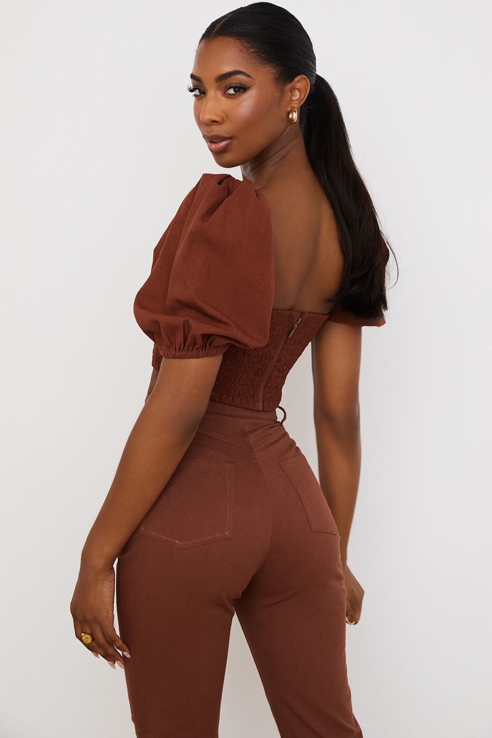 Lavanna-Cocoa Puff Sleeve Cropped Top