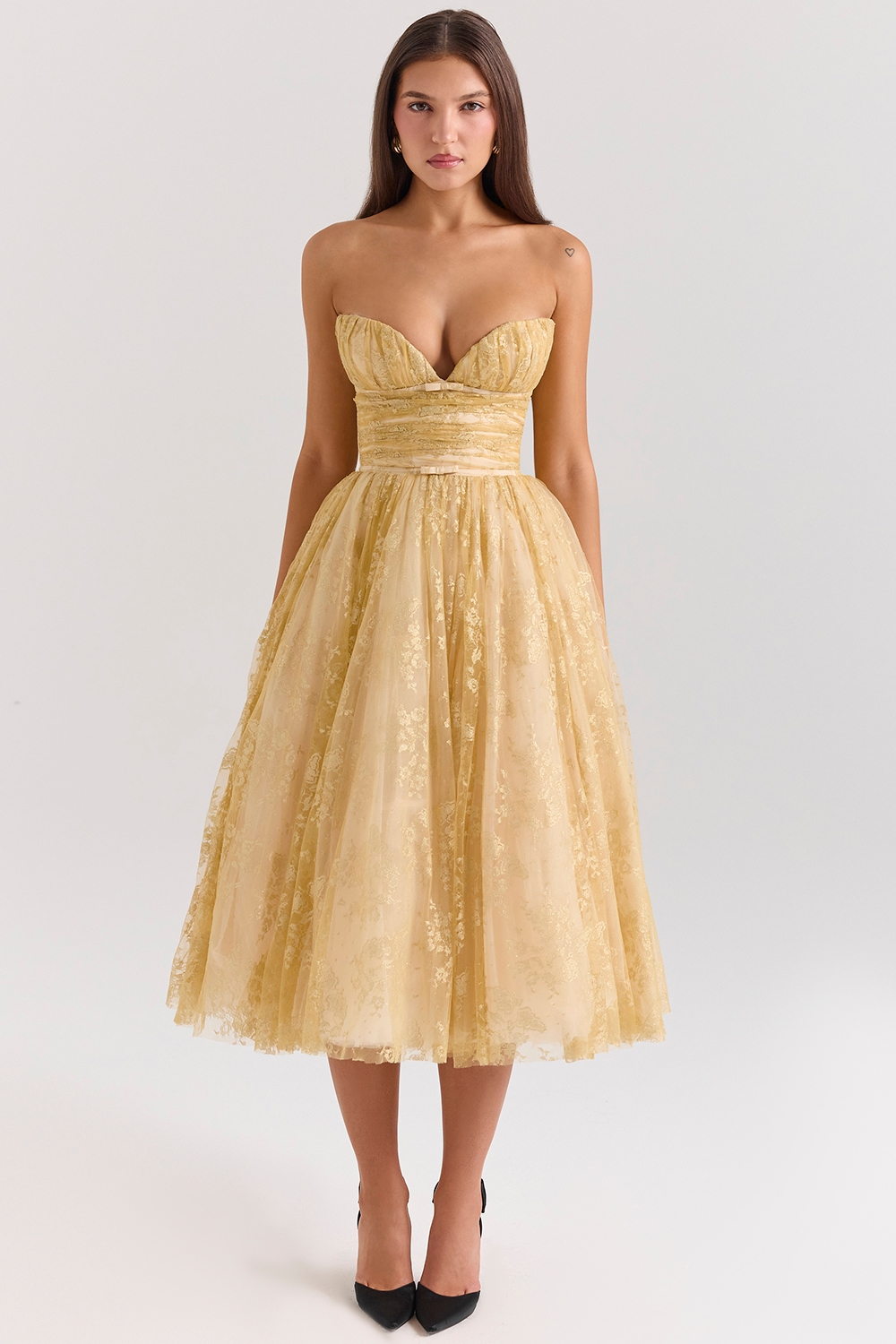 Madame-Gold Metallic Lace Tulle Midi Gown