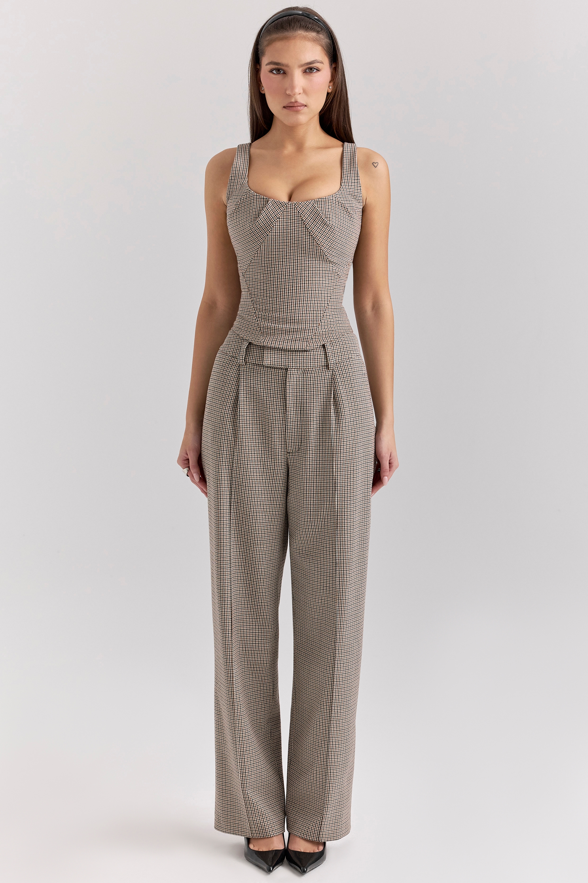 Hayden-Brown Puppytooth Wide Leg High Waist Tailored Trousers
