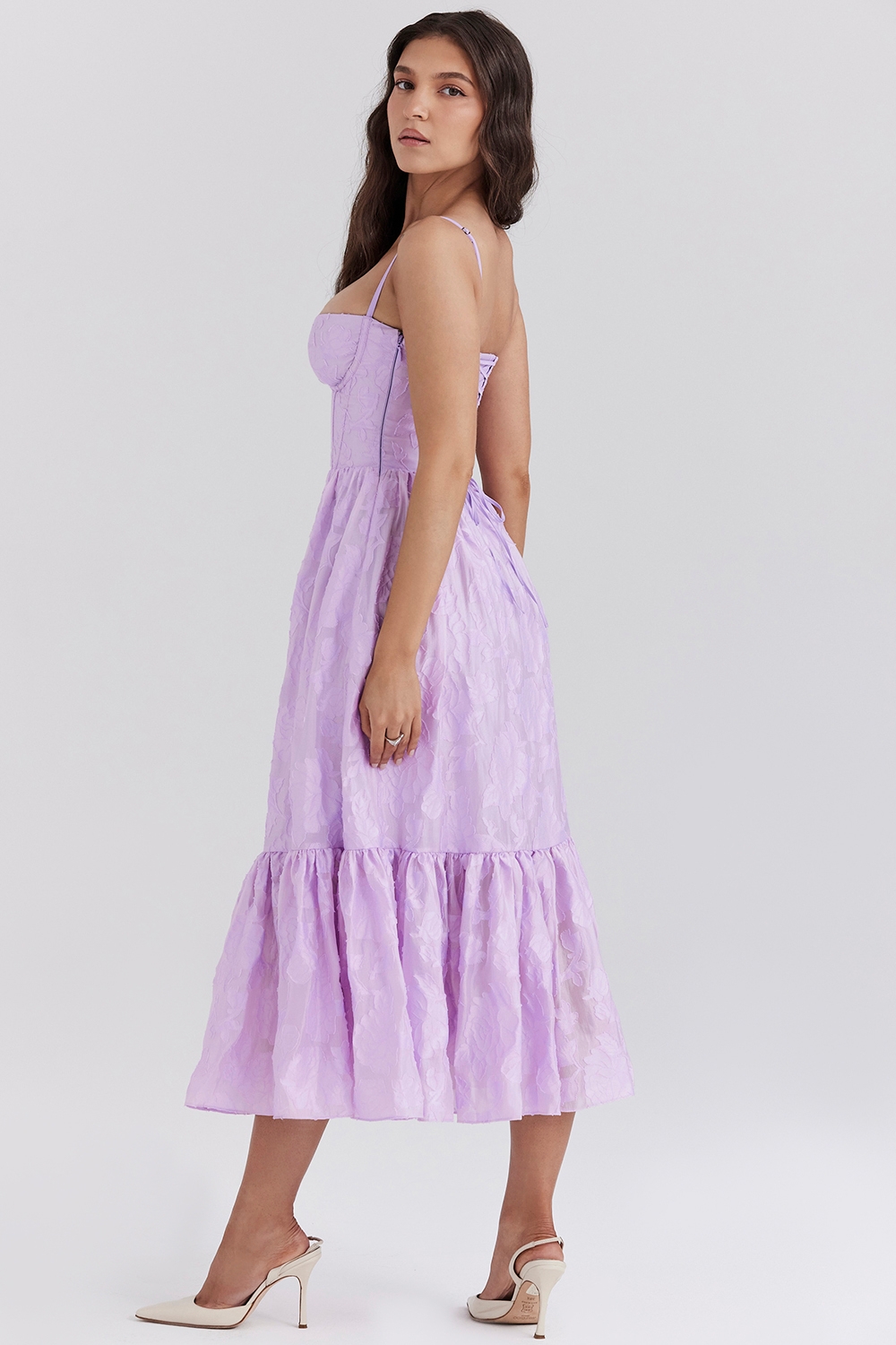 Mira-Orchid Floral Jacquard Tiered Midi Dress