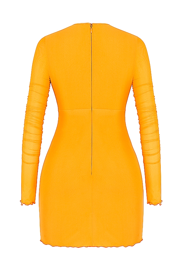 Jeanelle-Orange Ruched Mesh Long Sleeve Cutout Mini Dress