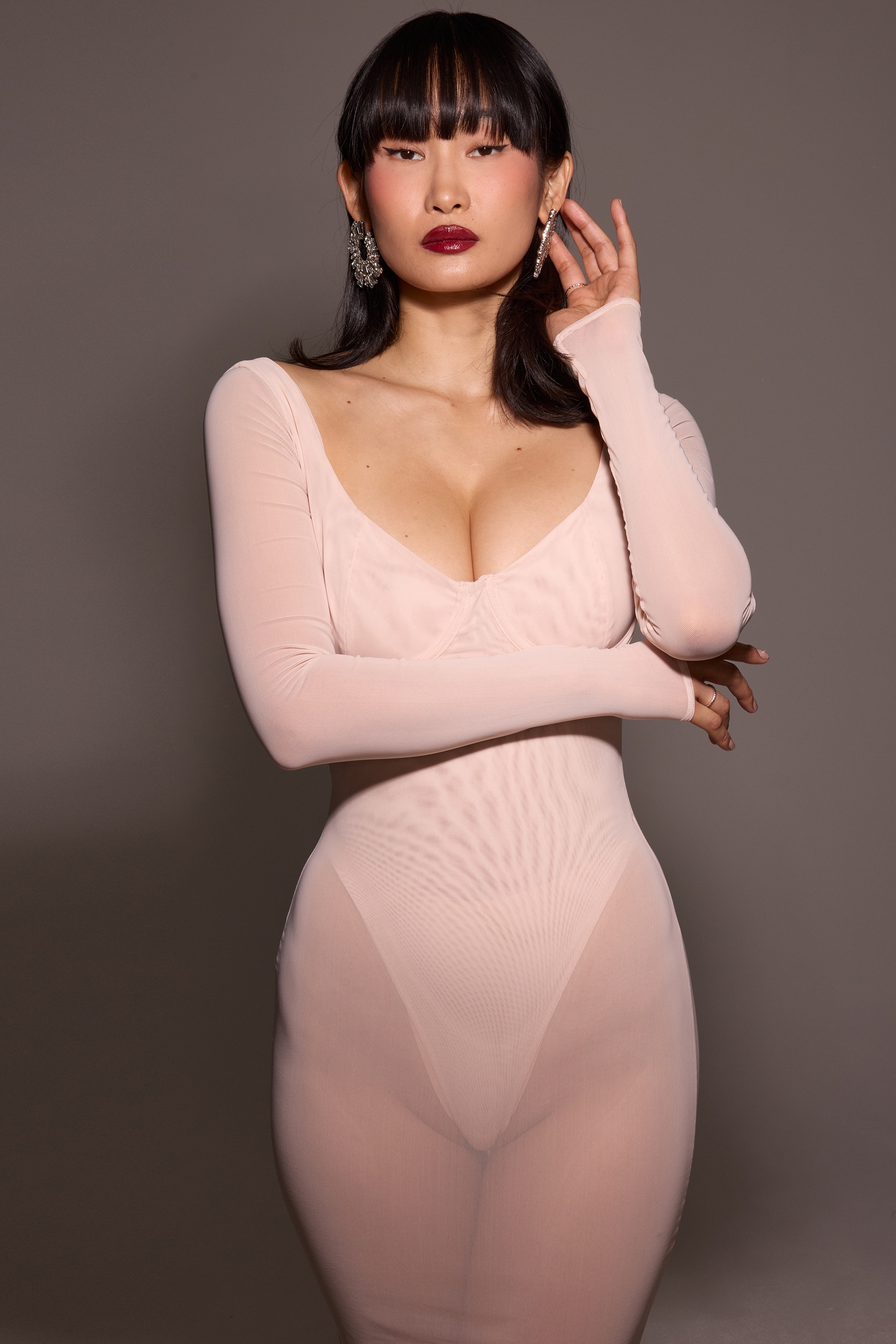 Everly-Blush Mesh Maxi Dress with Bodysuit