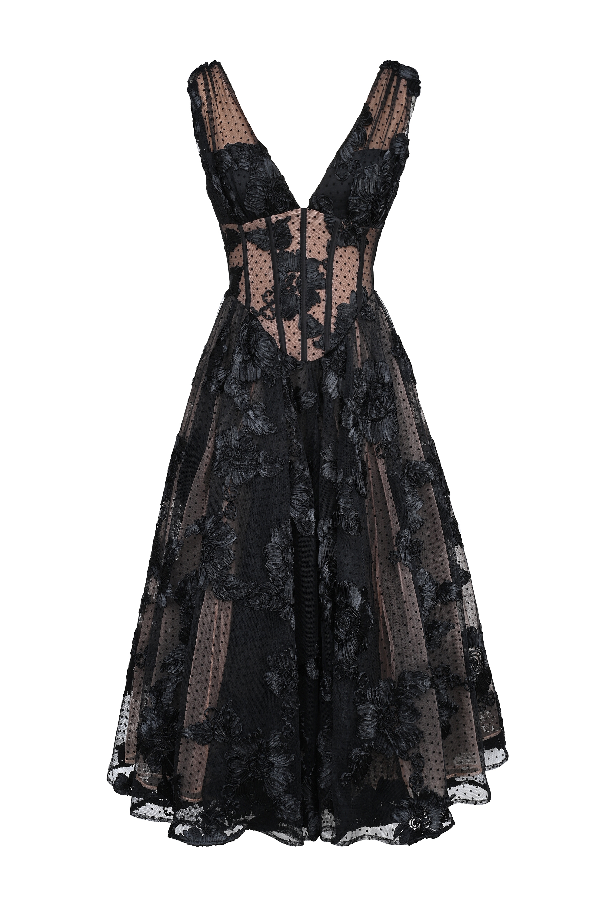 Sianna-Black Embroidered Tulle Corset Midi Dress