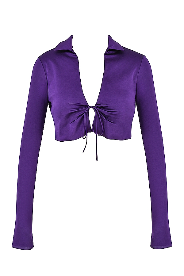 Lavender-Grape Satin Cropped Tie Front Top